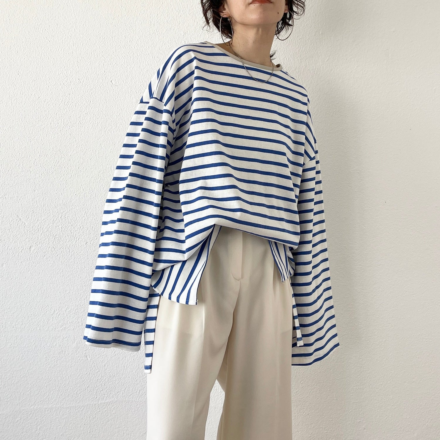 【SAMPLE】wide sleeve over size border tee / blue