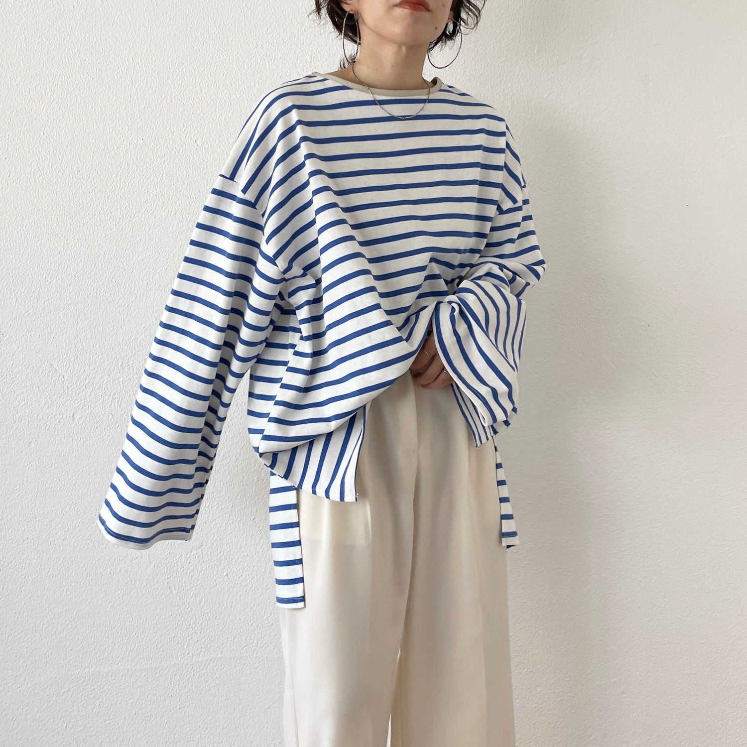 【SAMPLE】wide sleeve over size border tee / blue