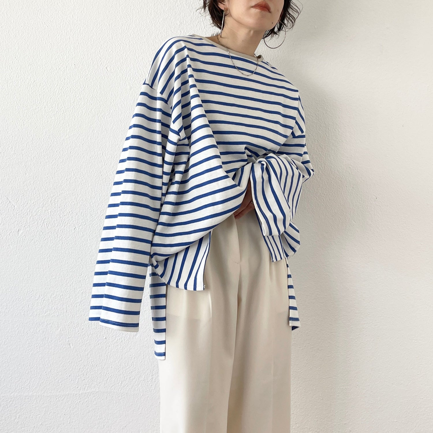 【SAMPLE】wide sleeve over size border tee / blue