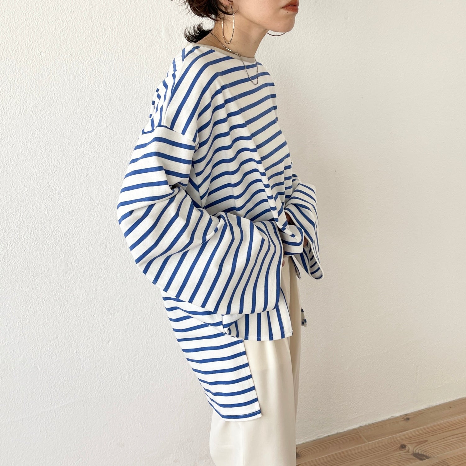 【SAMPLE】wide sleeve over size border tee / blue