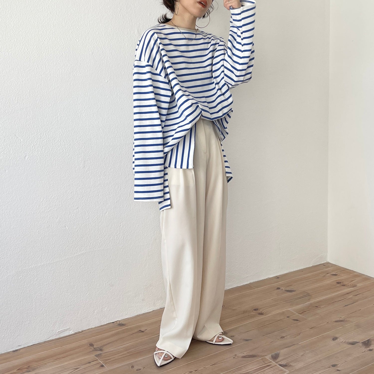 【SAMPLE】wide sleeve over size border tee / blue