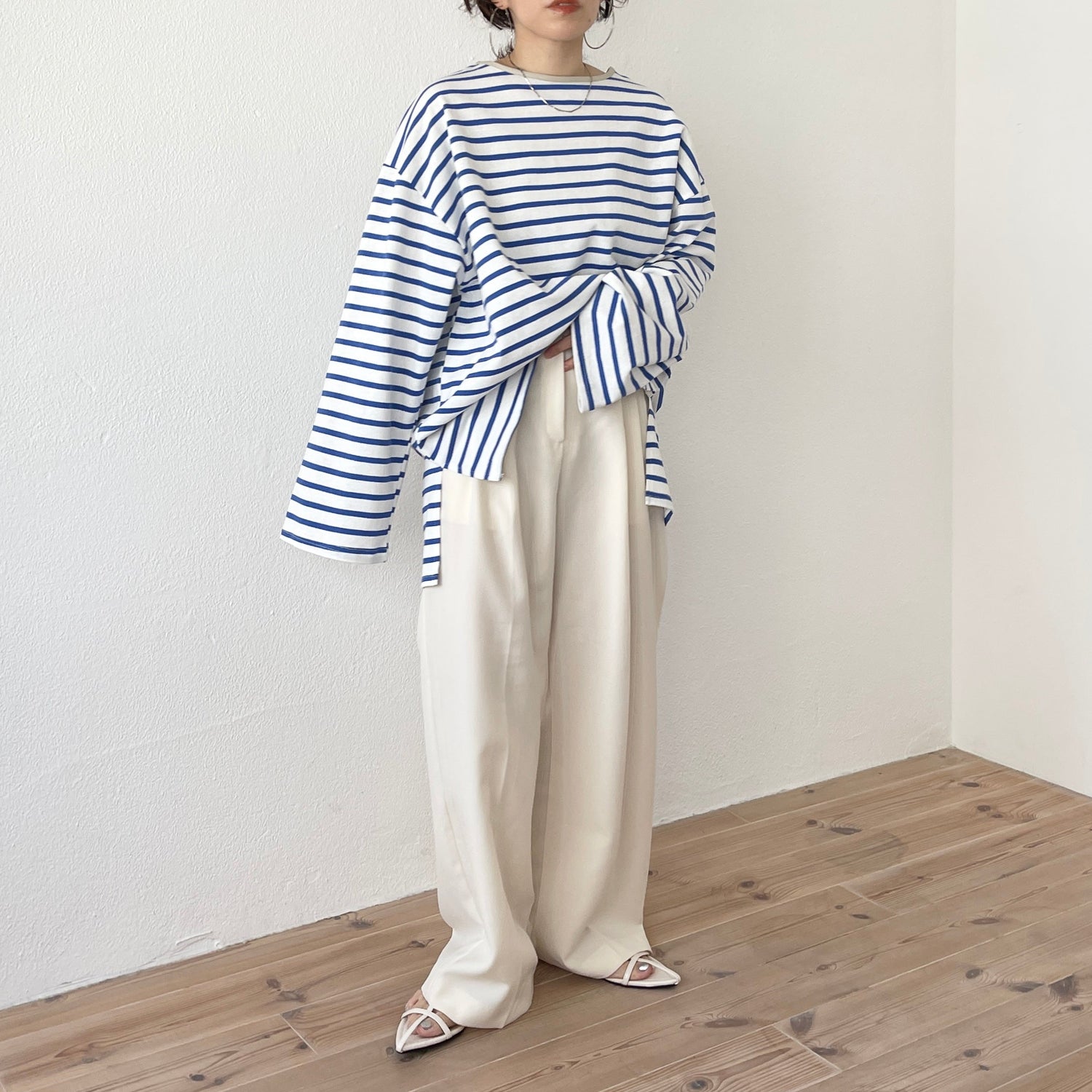 【SAMPLE】wide sleeve over size border tee / blue