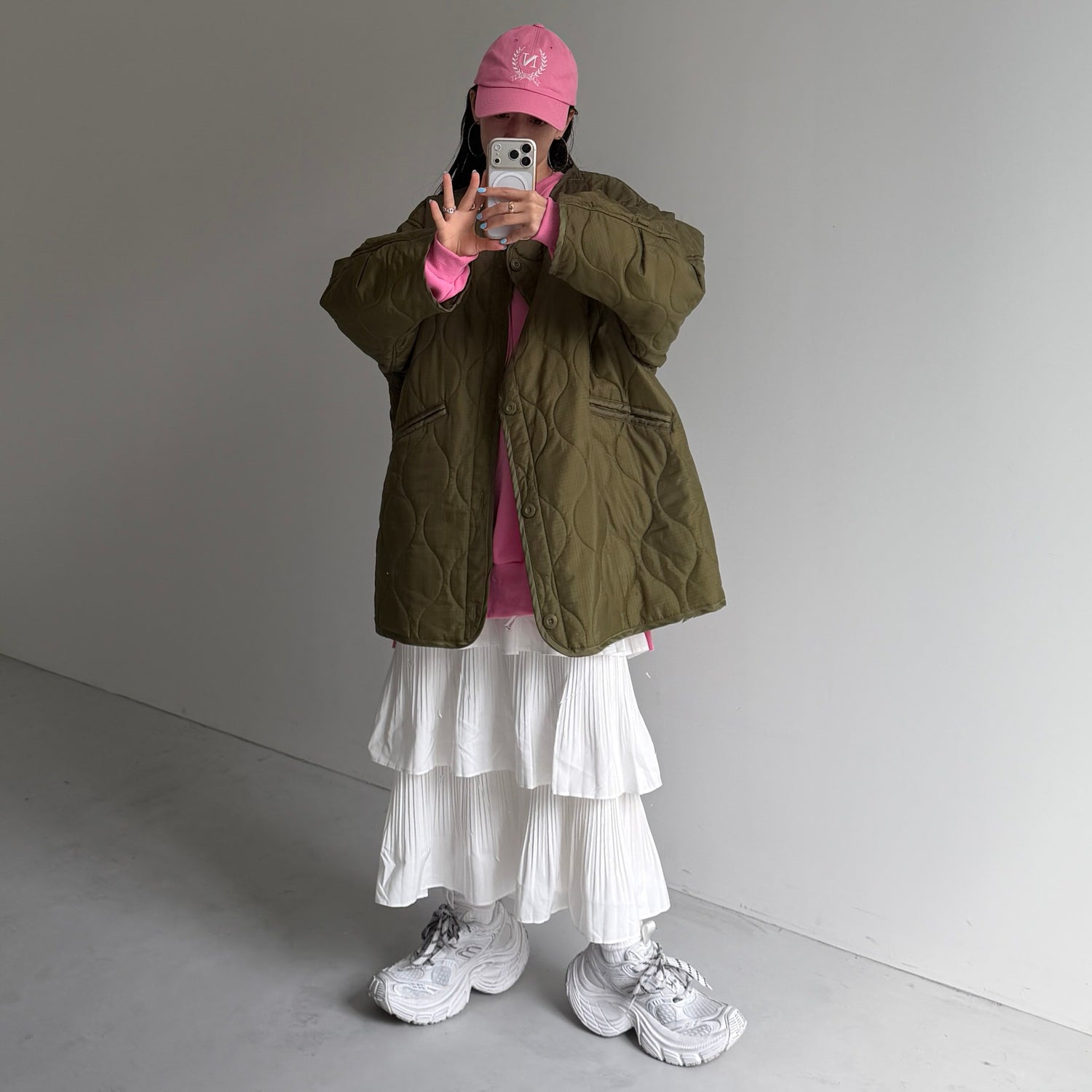 over size quilting liner jacket / khaki [SHORT or FREE]