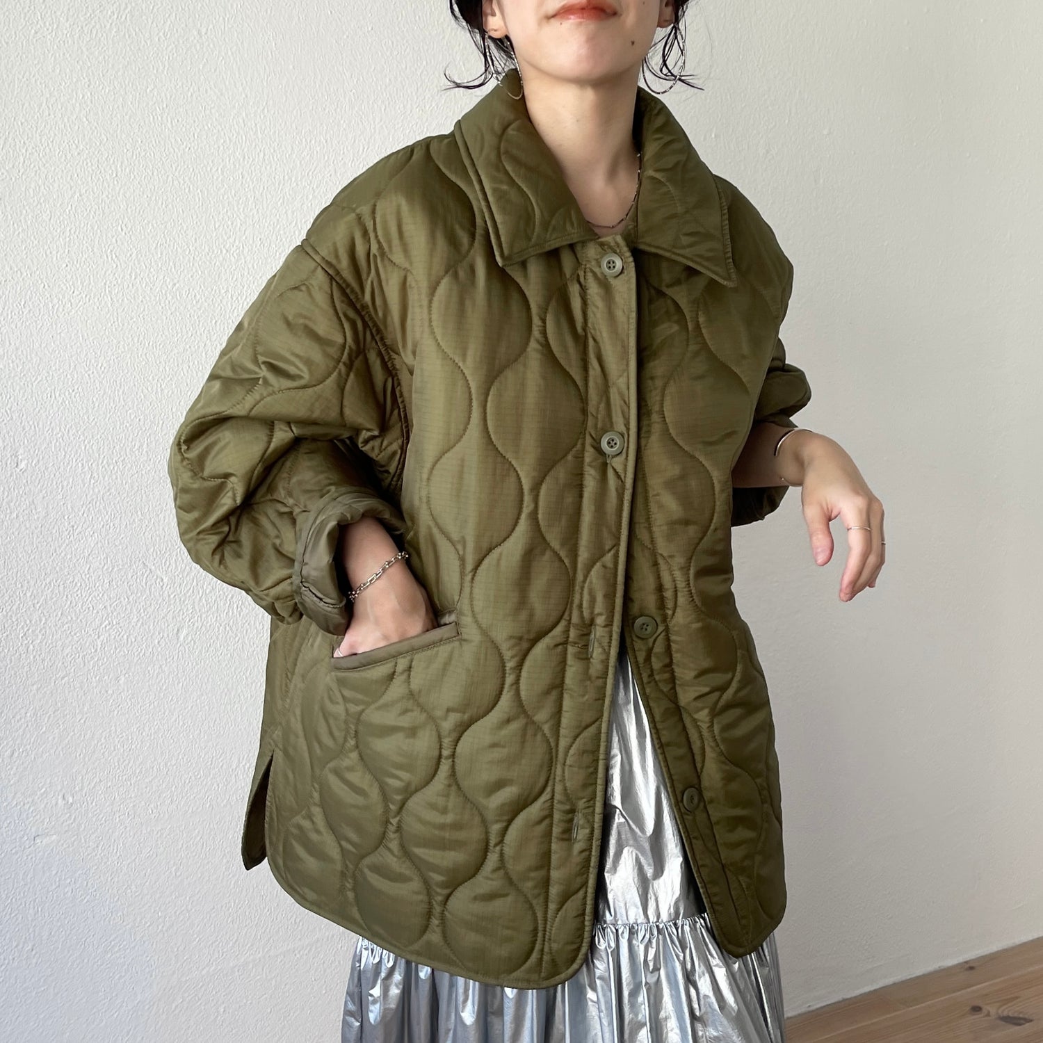over size quilting jacket / khaki
