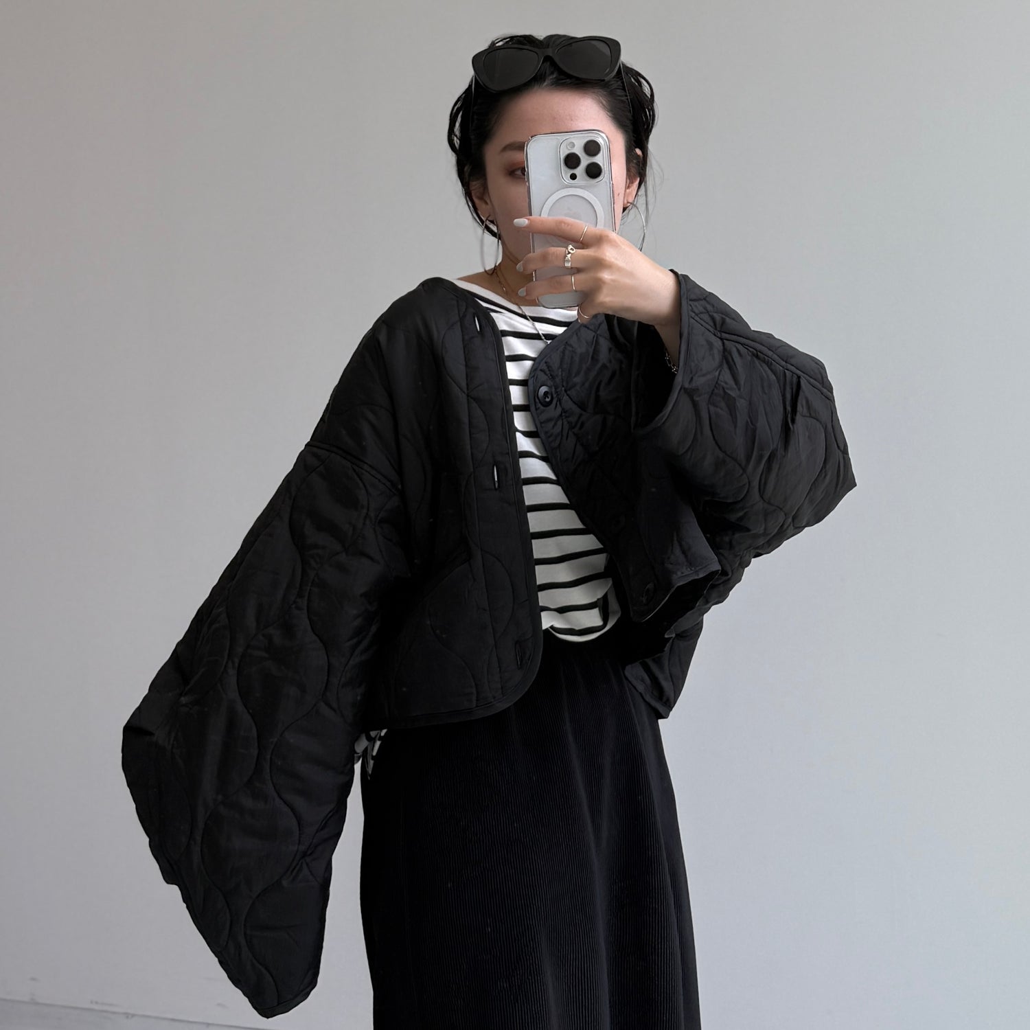 over size quilting liner jacket / black [SHORT or FREE]