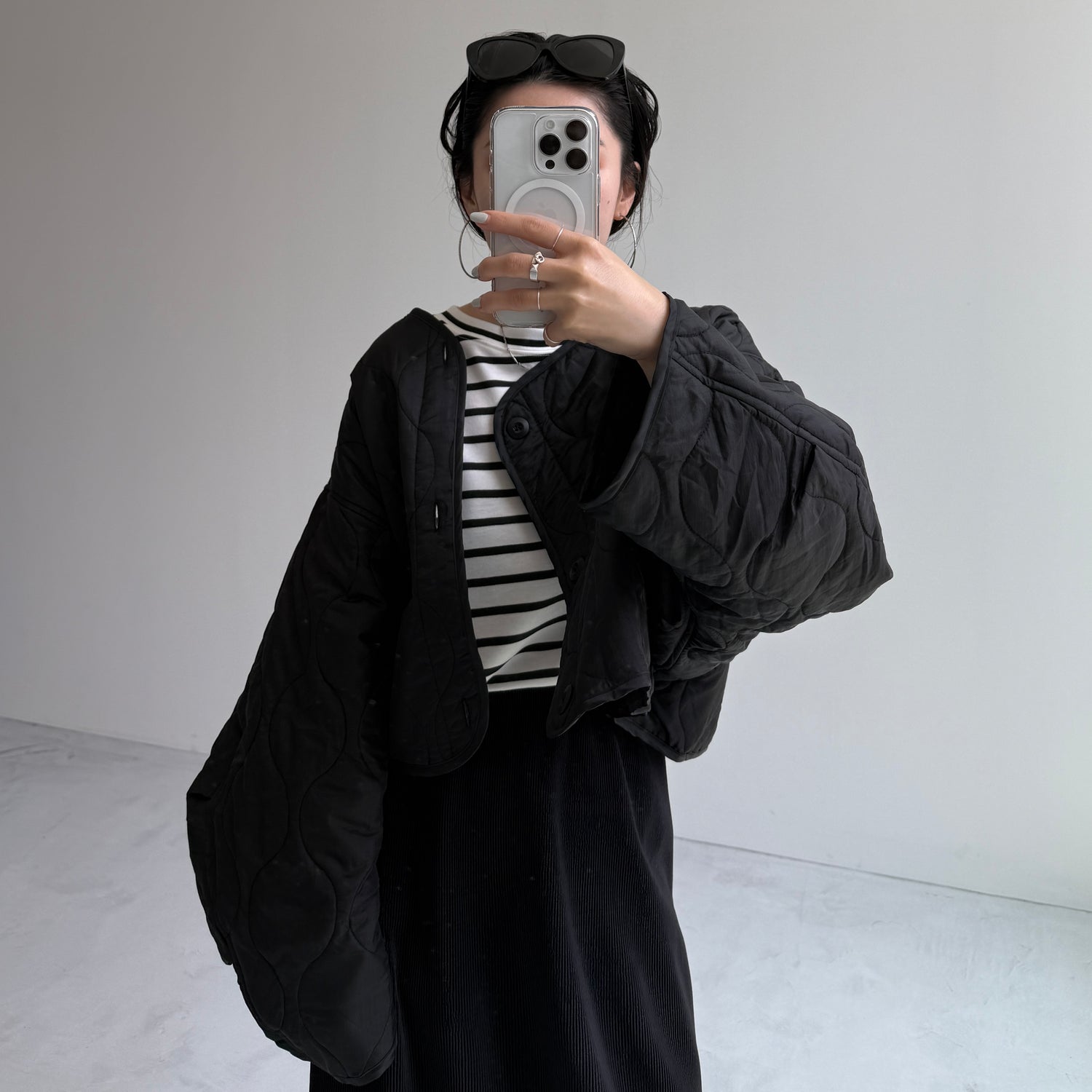 over size quilting liner jacket / black [SHORT or FREE]