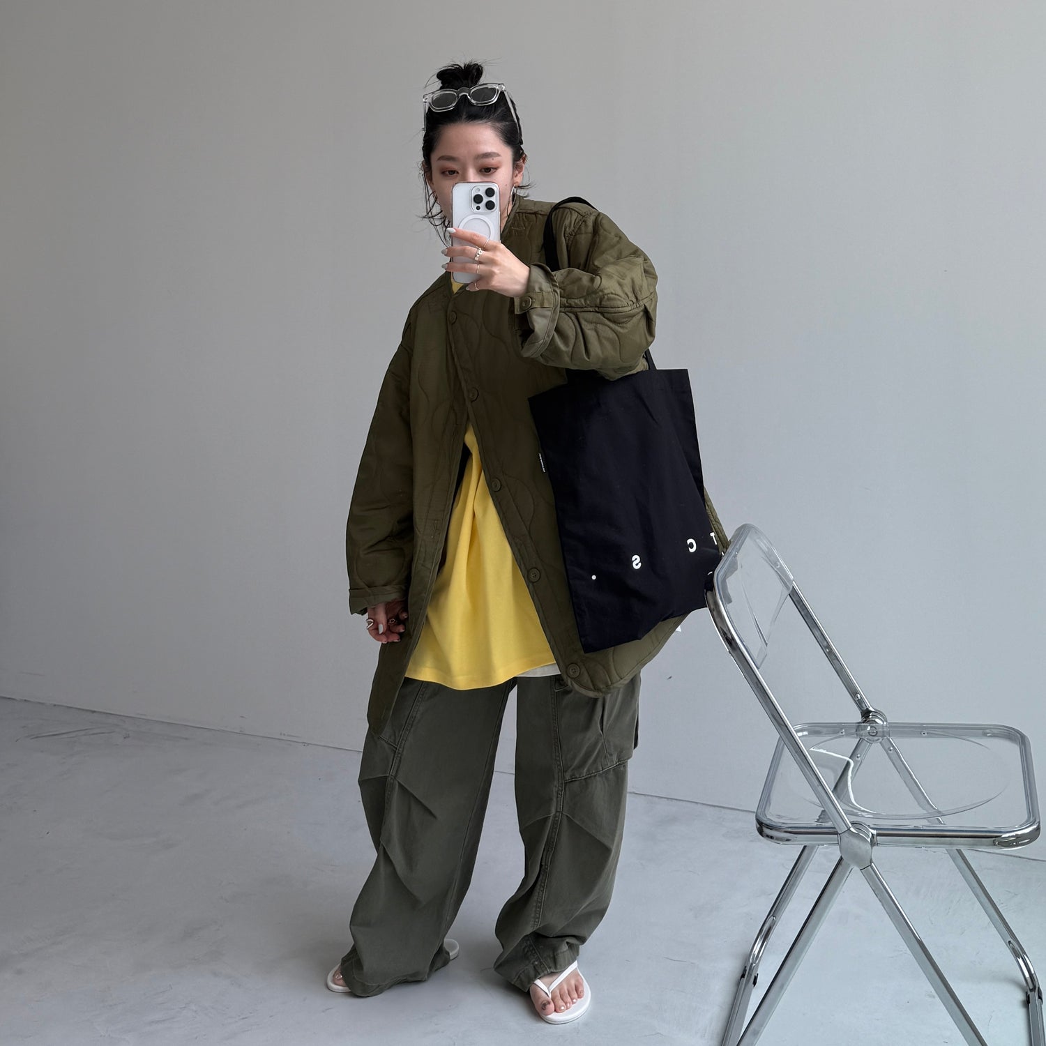 over size quilting liner jacket / khaki [SHORT or FREE]