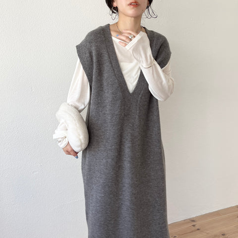 v neck knit vest one piece / gray