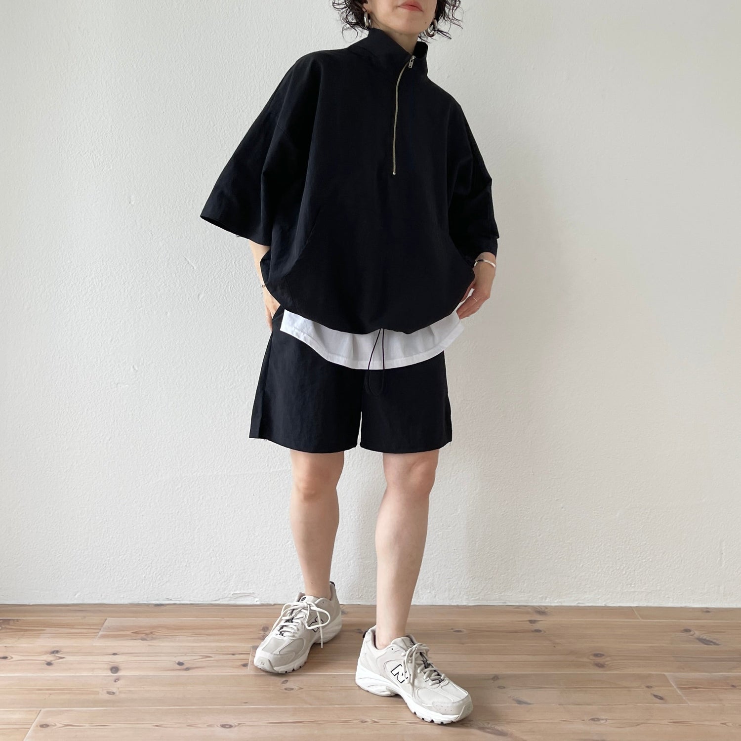 【SAMPLE】over size half zip nylon po / black