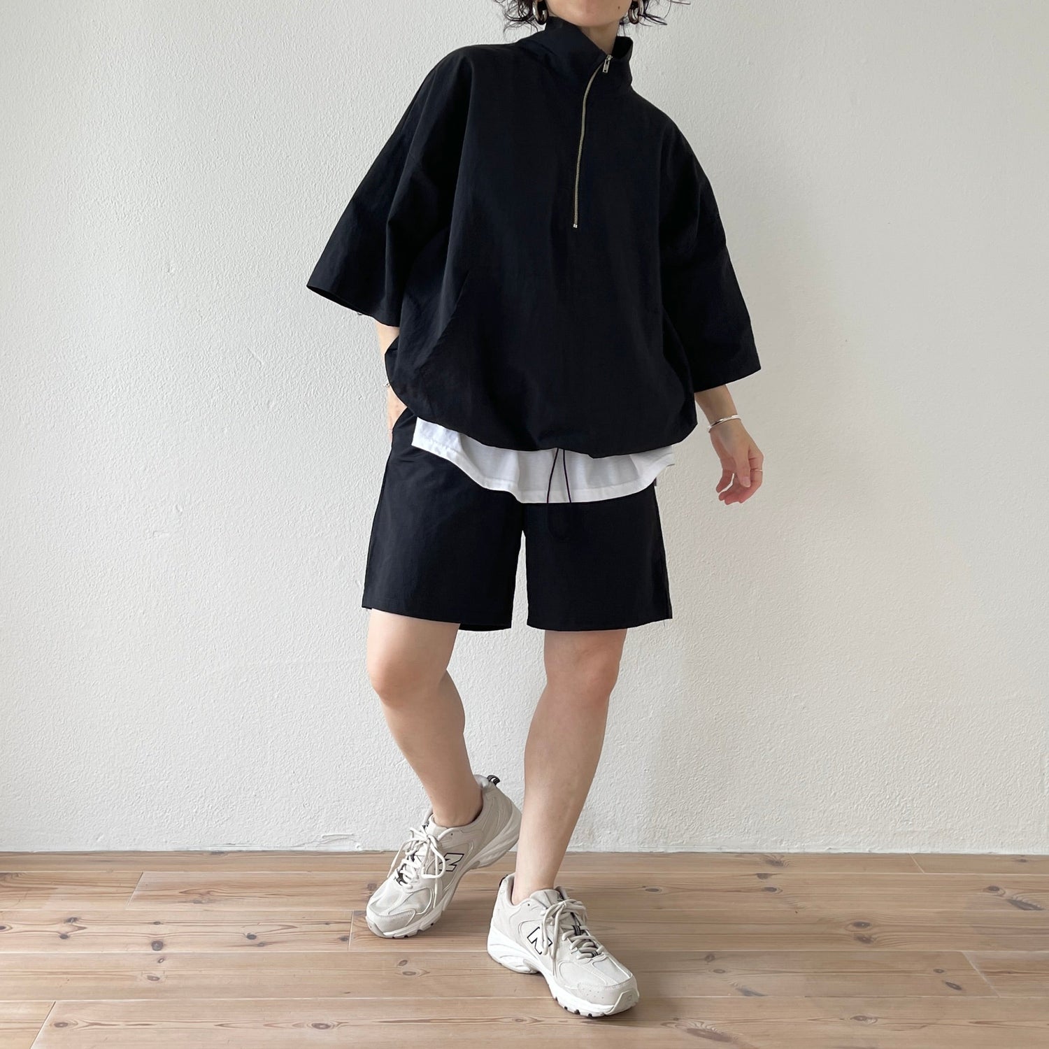 【SAMPLE】over size half zip nylon po / black