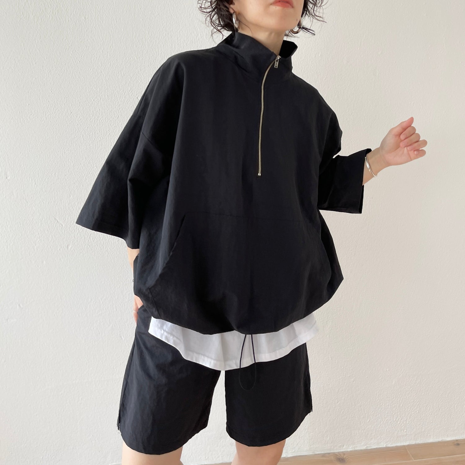 【SAMPLE】over size half zip nylon po / black