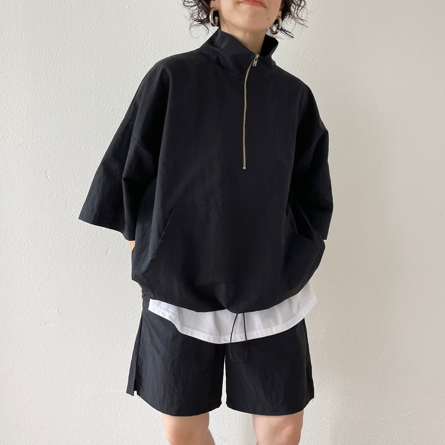 【SAMPLE】over size half zip nylon po / black