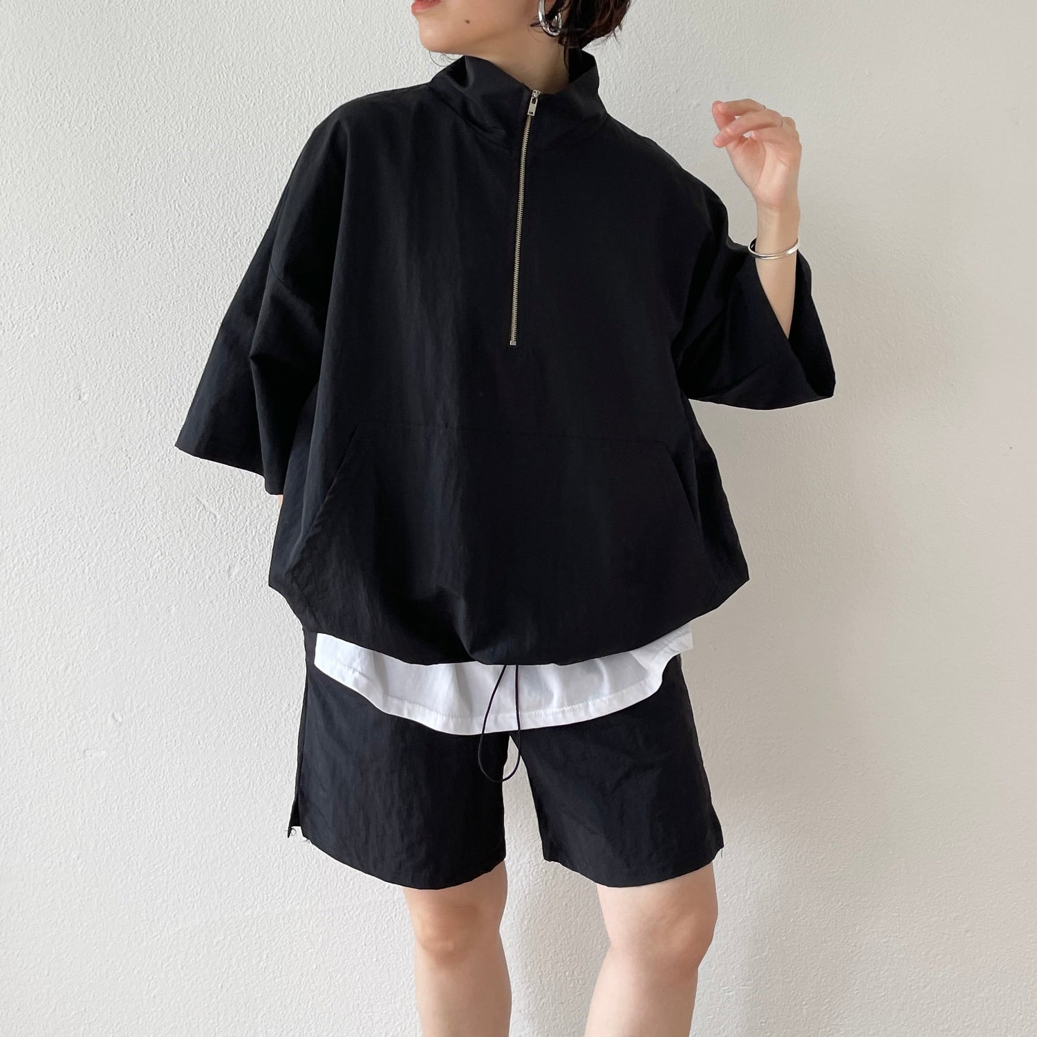 【SAMPLE】over size half zip nylon po / black