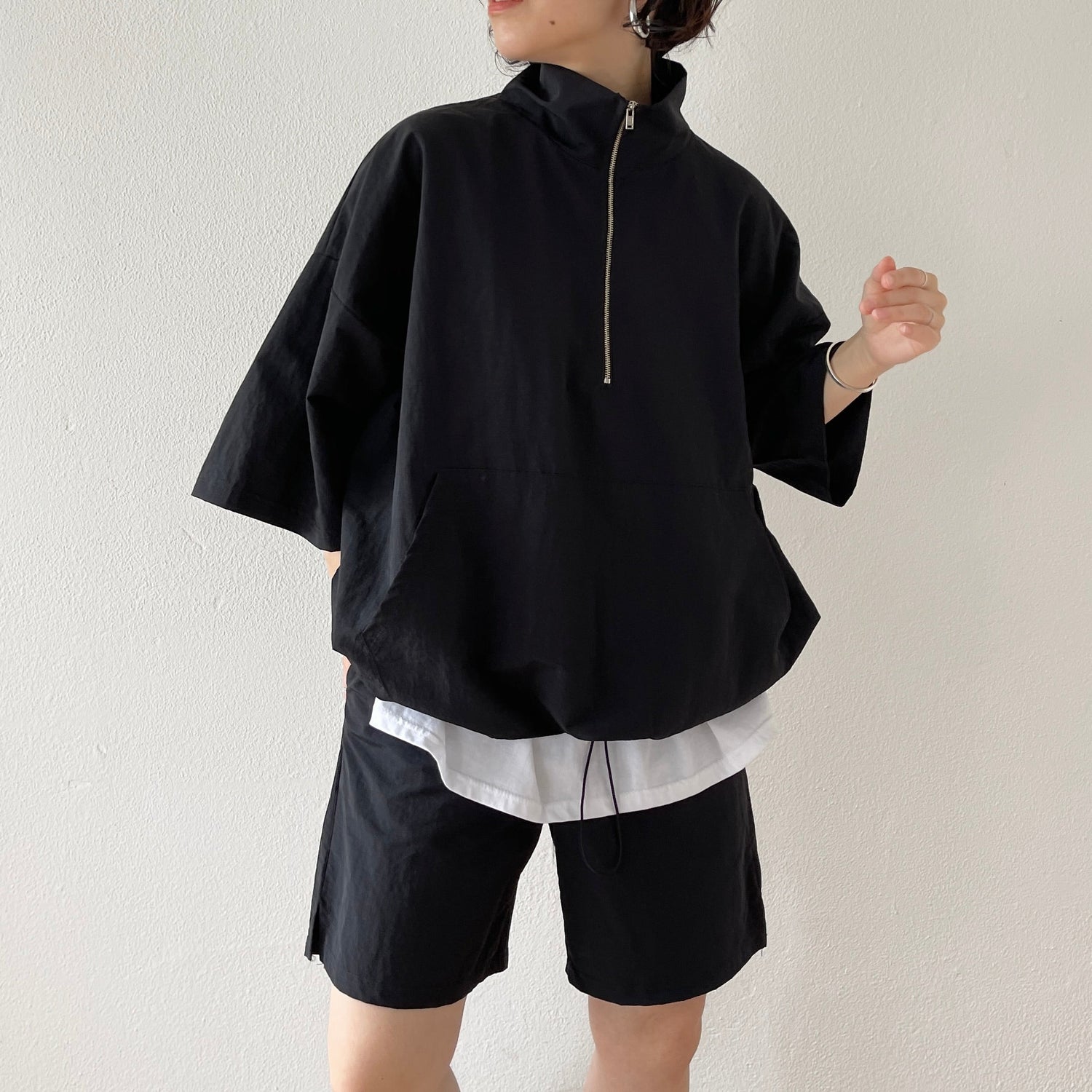 【SAMPLE】over size half zip nylon po / black