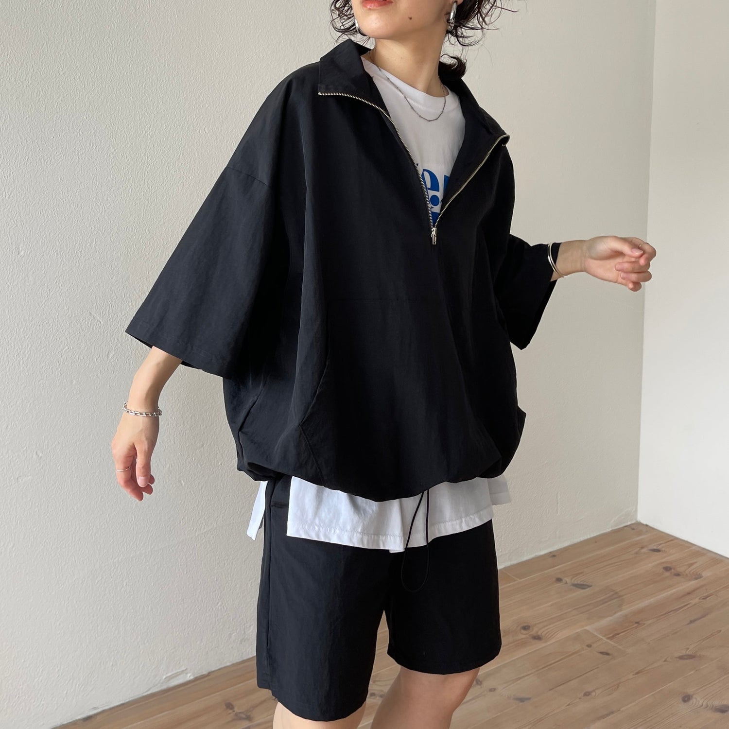 【SAMPLE】over size half zip nylon po / black