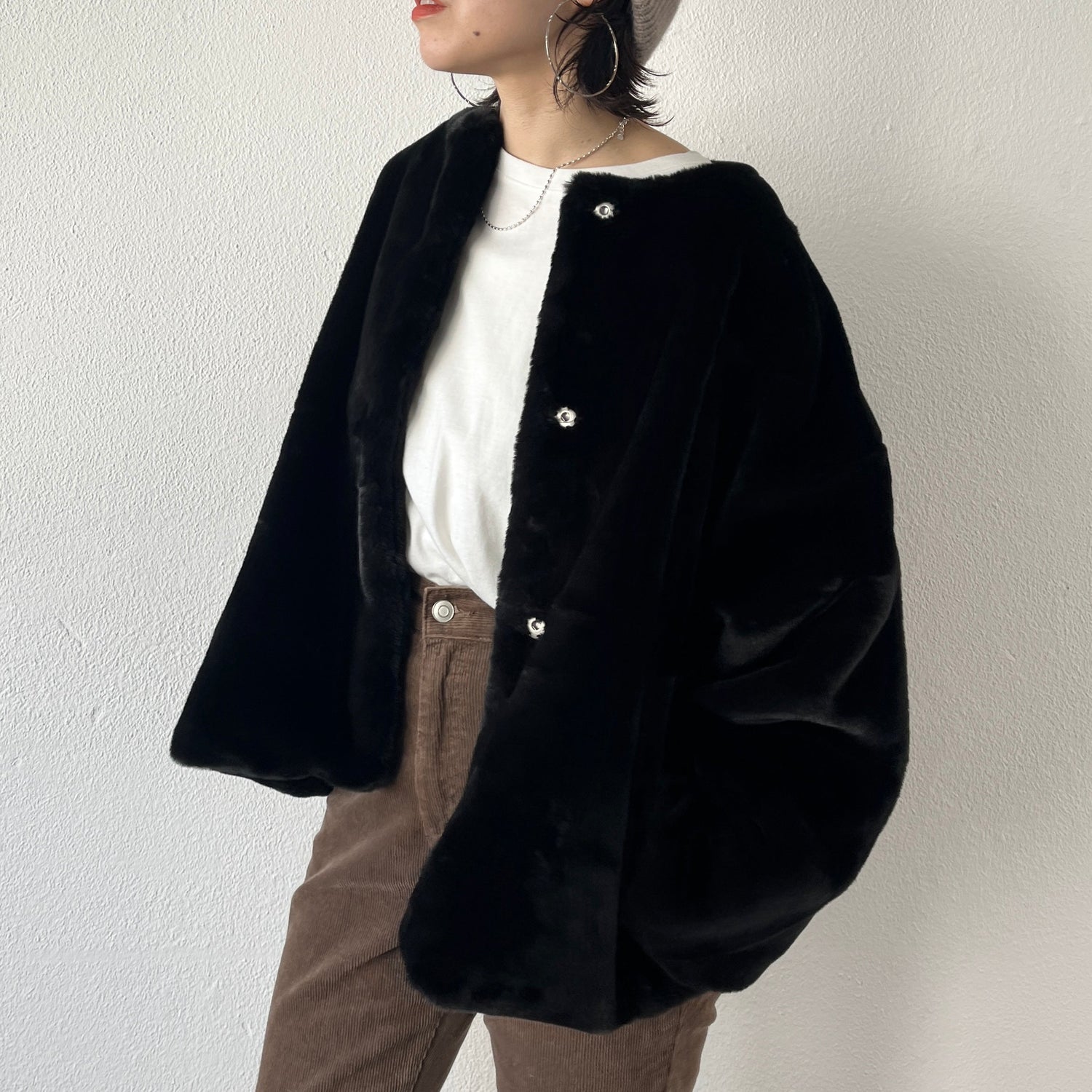 【SAMPLE】over size no collar fur coat / black