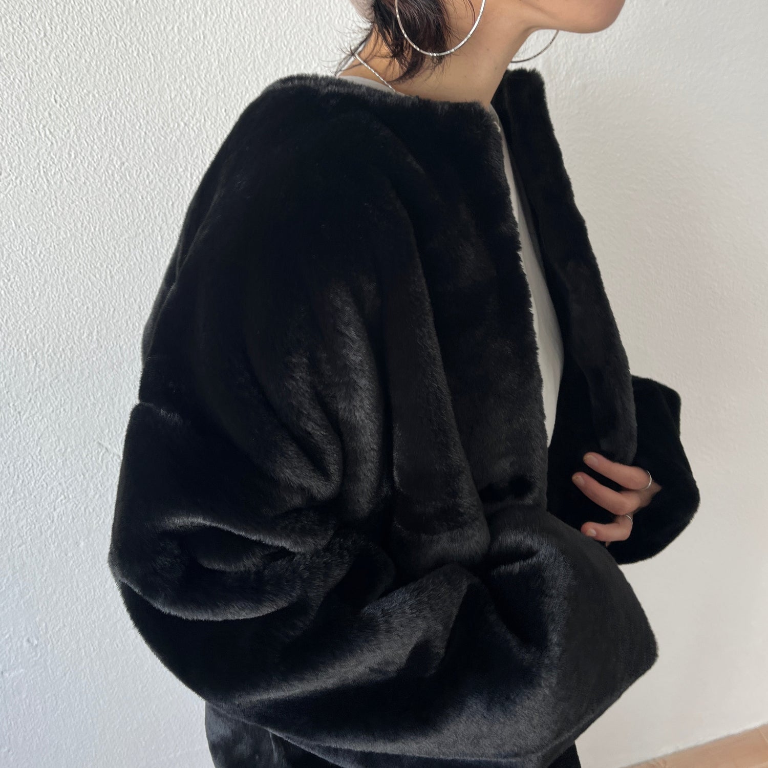 【SAMPLE】over size no collar fur coat / black