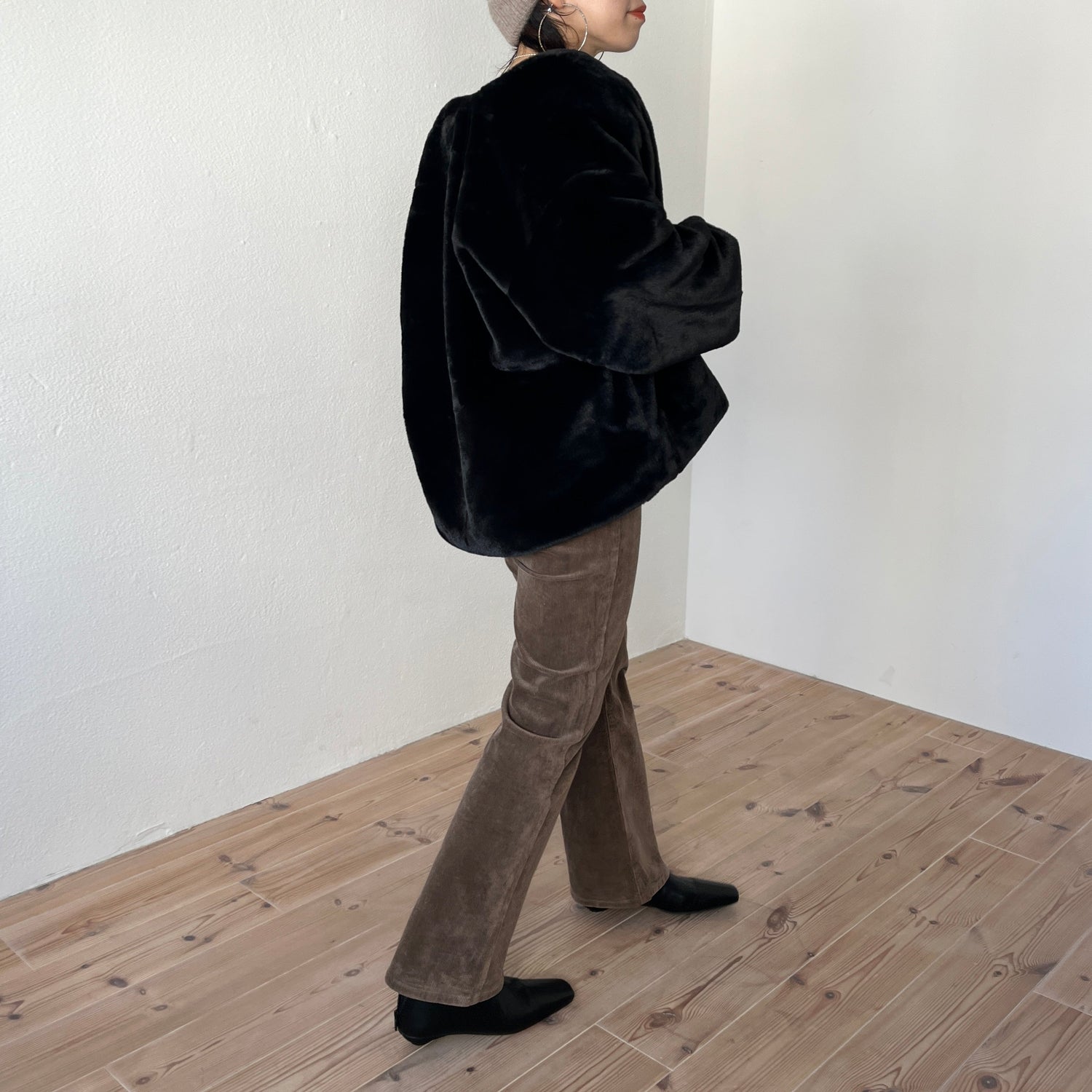 【SAMPLE】over size no collar fur coat / black