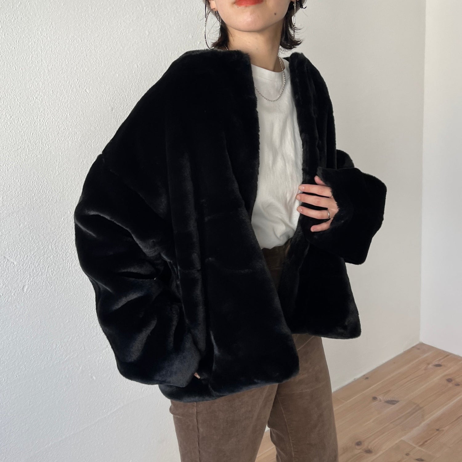 【SAMPLE】over size no collar fur coat / black