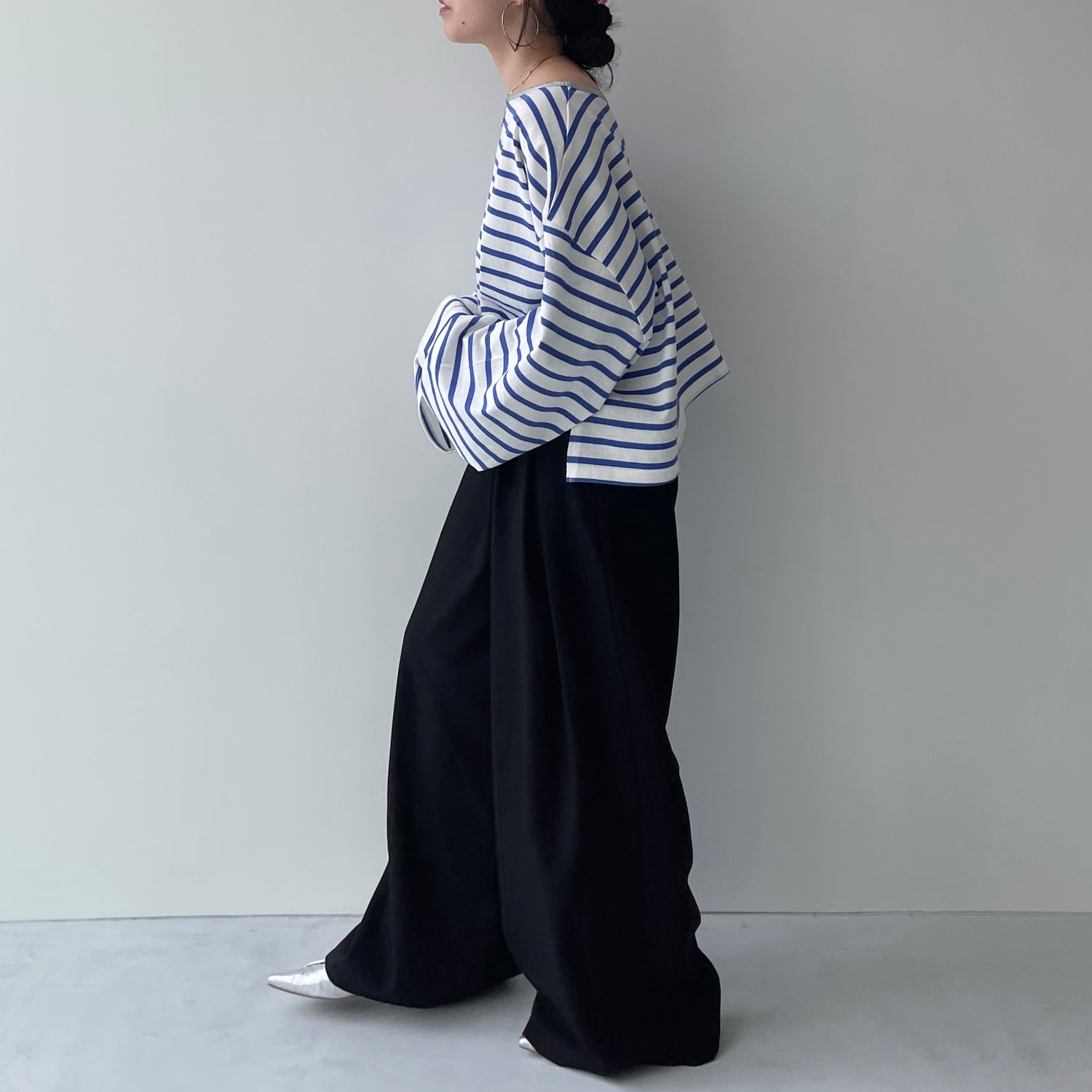 wide sleeve over size border tee / blue×silver (short)