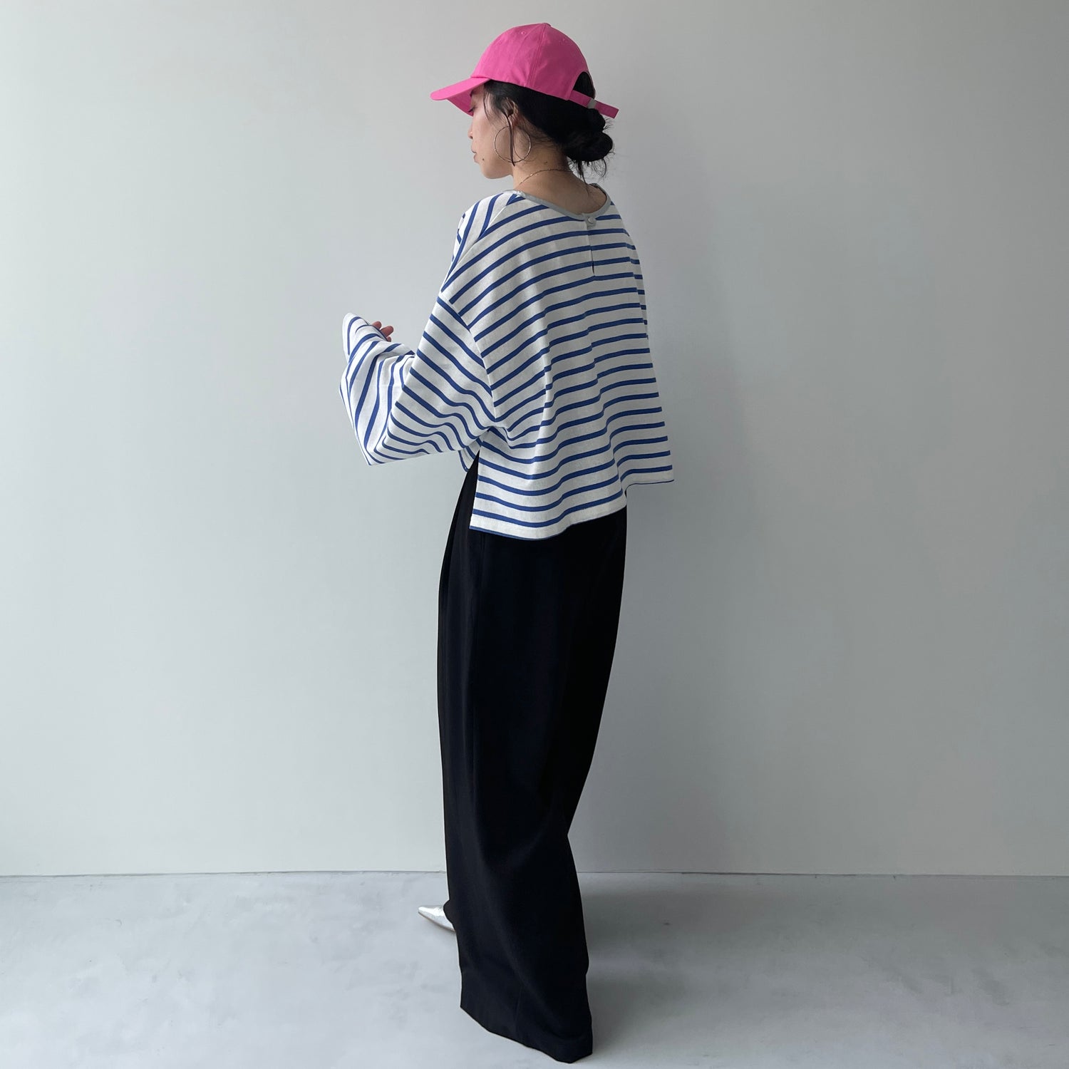 wide sleeve over size border tee / blue×silver (short)