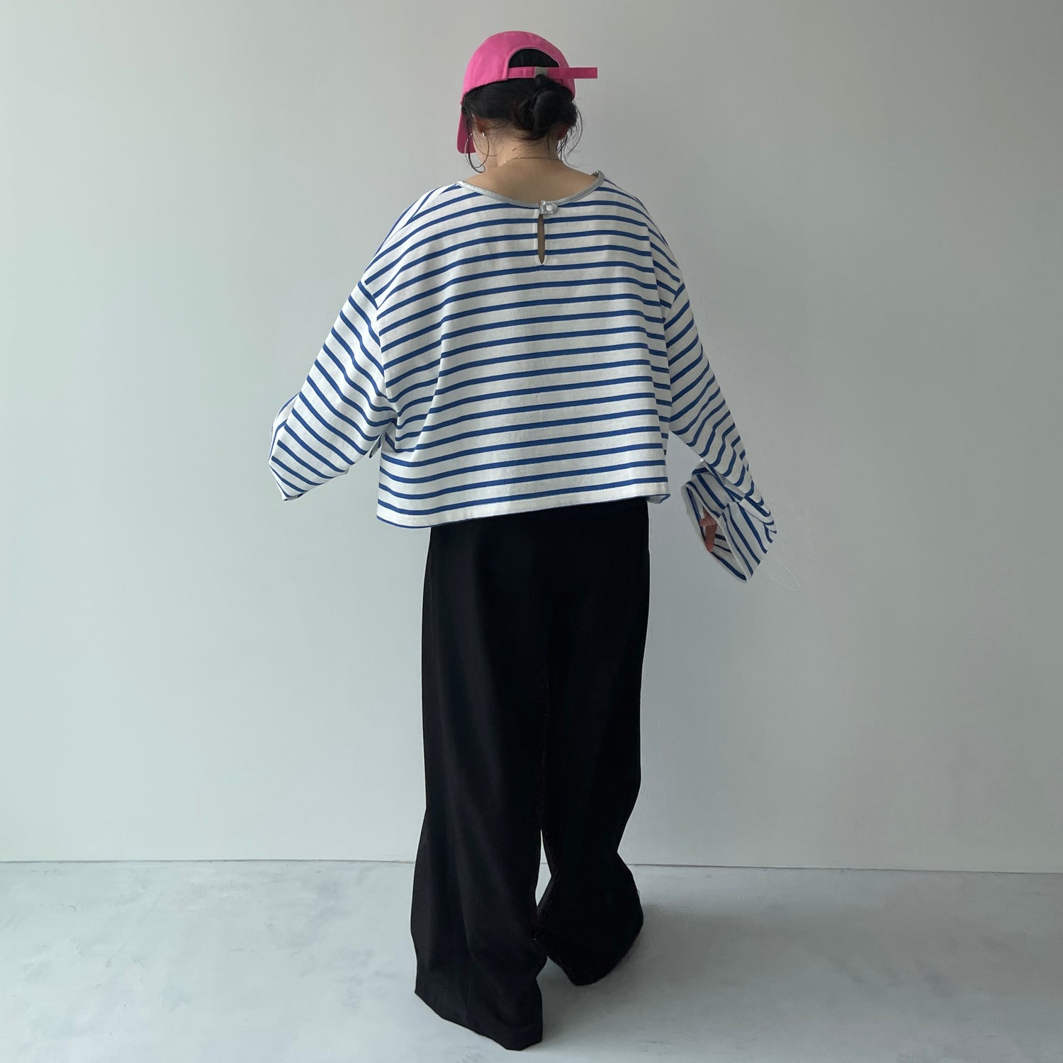 wide sleeve over size border tee / blue×silver (short)