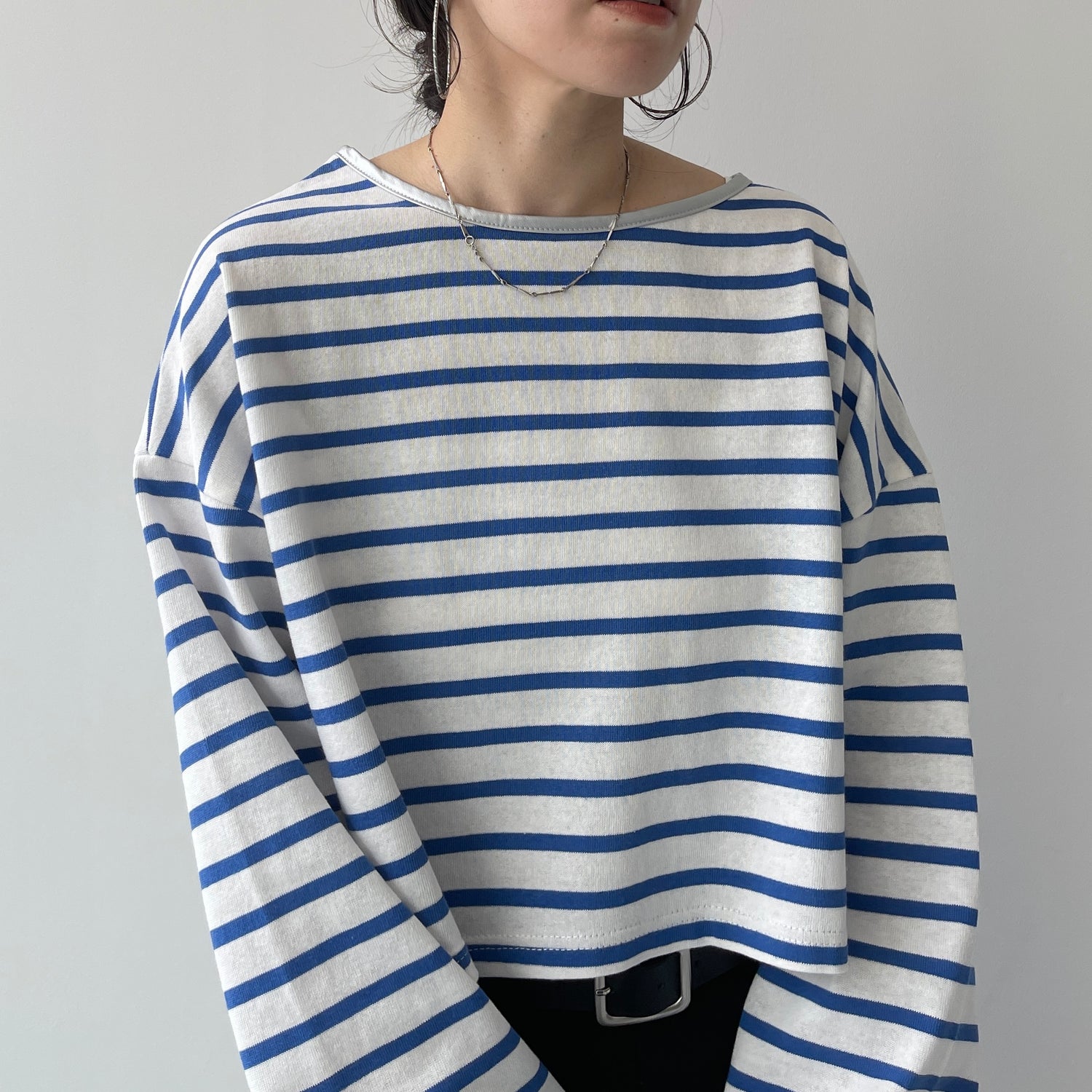 wide sleeve over size border tee / blue×silver (short)