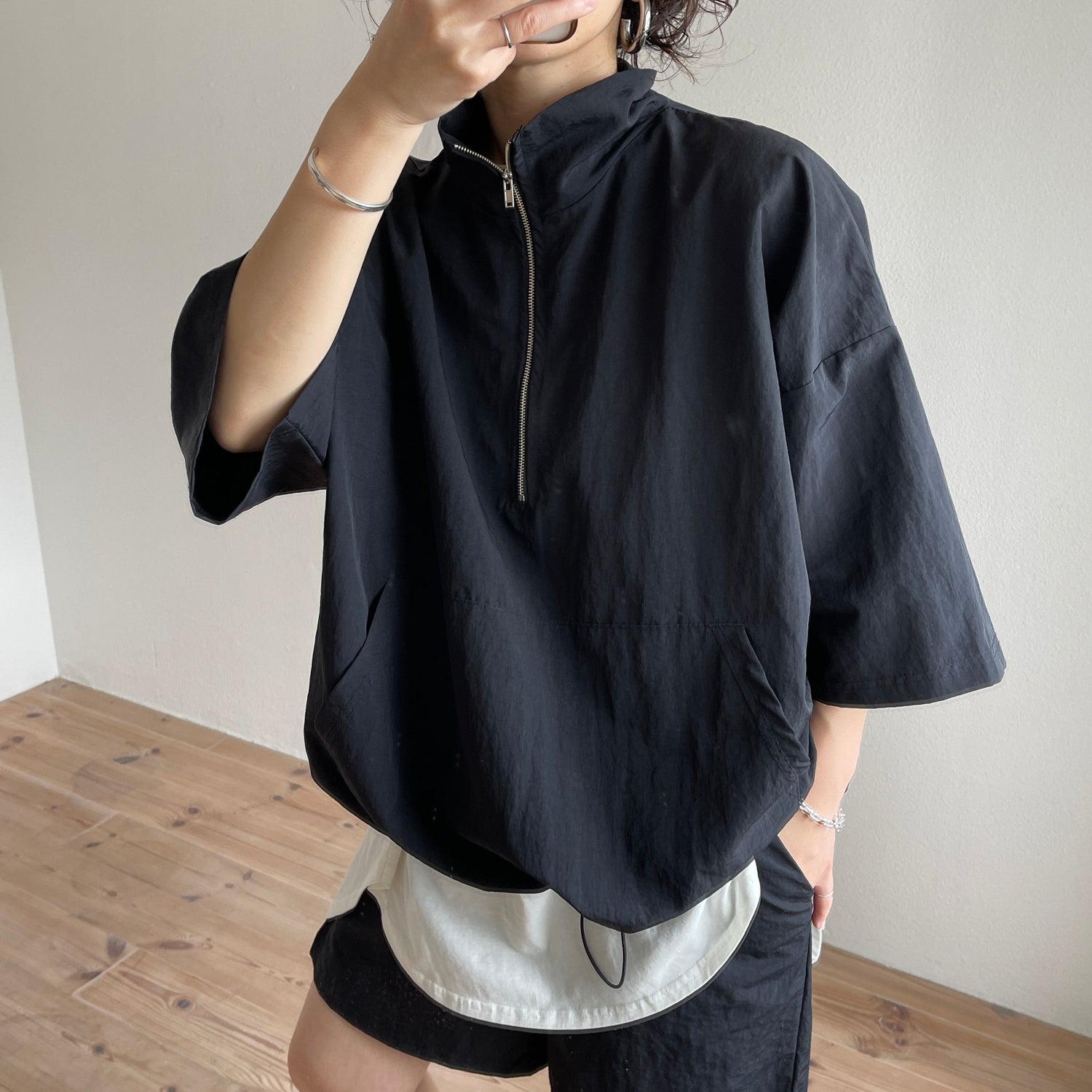 over size half zip nylon po / black | wee9s | ウィークス 