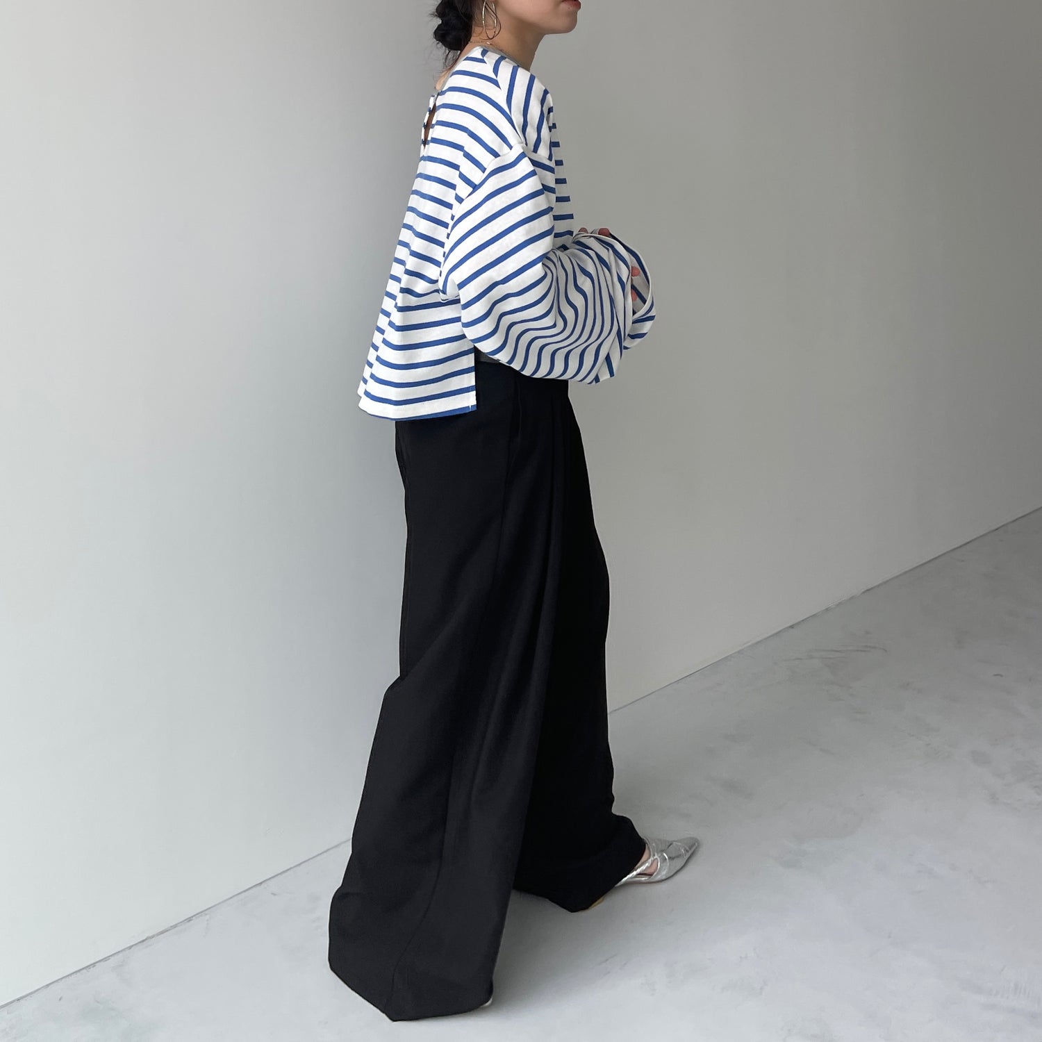 wide sleeve over size border tee / blue×silver (short)