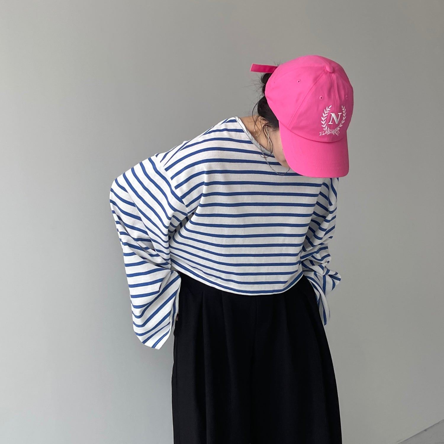 wide sleeve over size border tee / blue×silver (short)