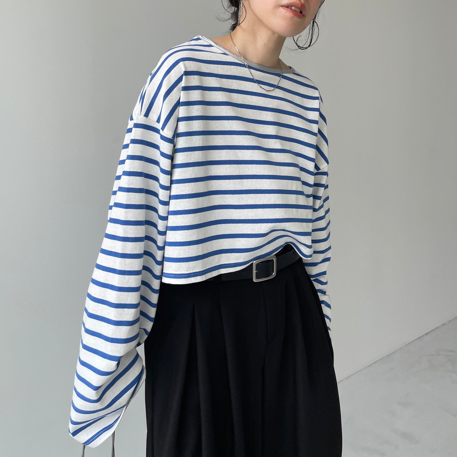 wide sleeve over size border tee / blue×silver (short)