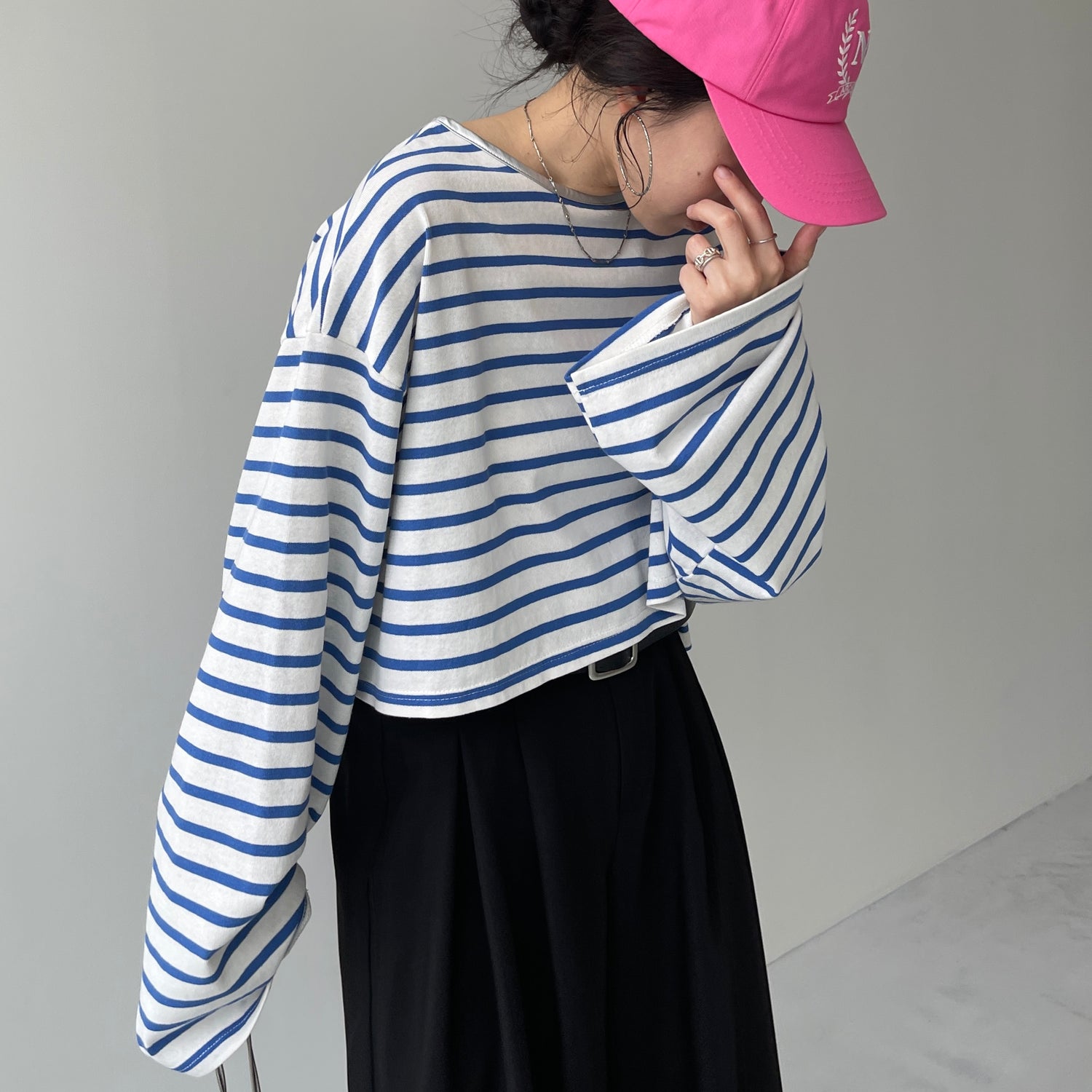 wide sleeve over size border tee / blue×silver (short)