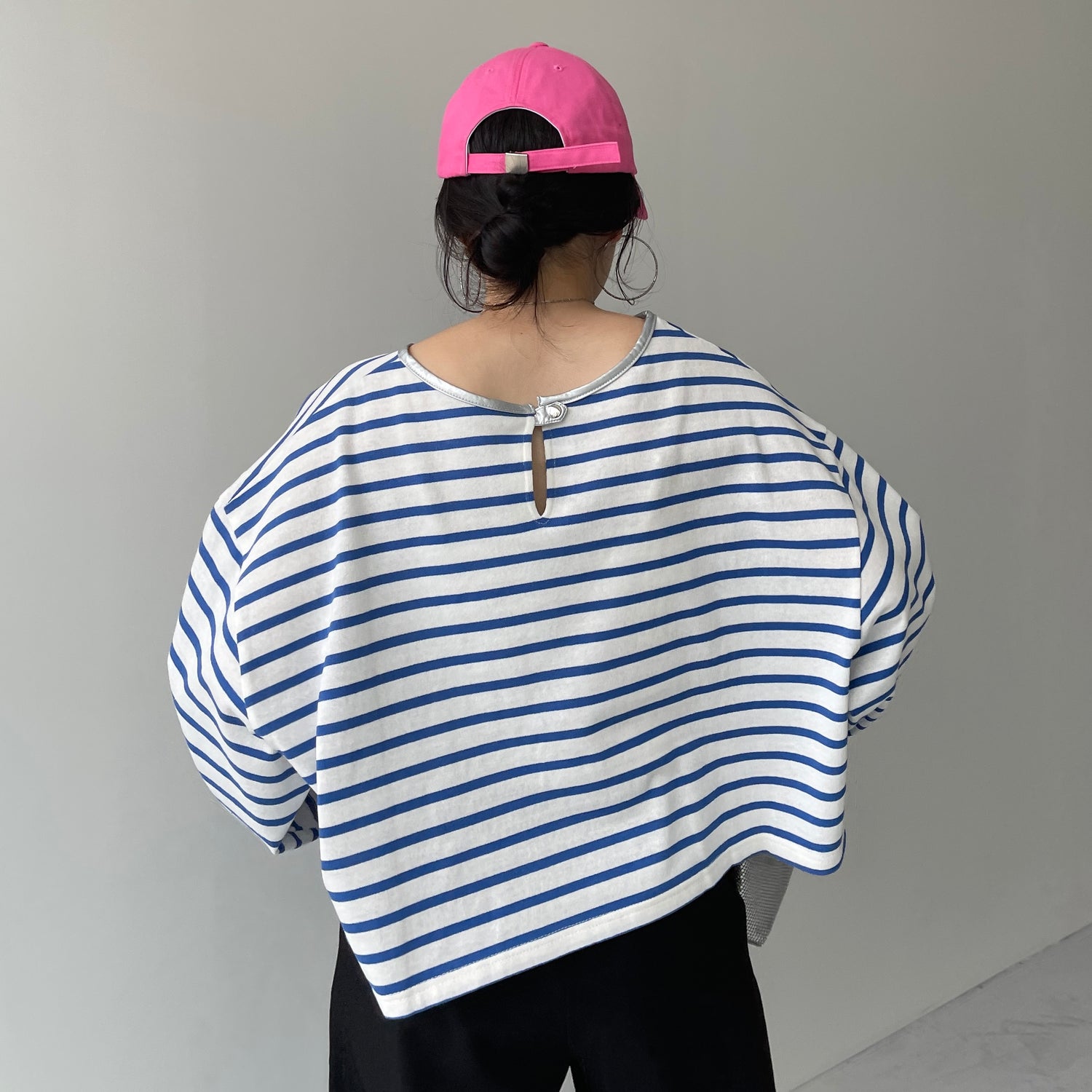 wide sleeve over size border tee / blue×silver (short)