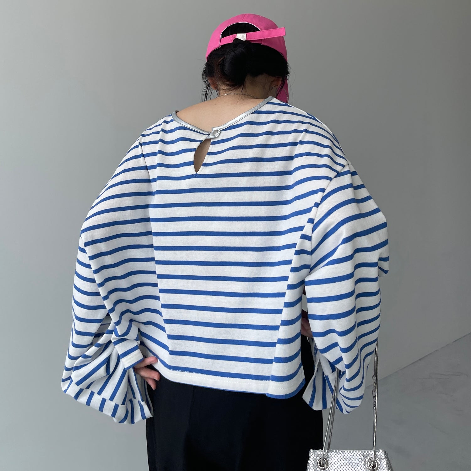 wide sleeve over size border tee / blue×silver (short)