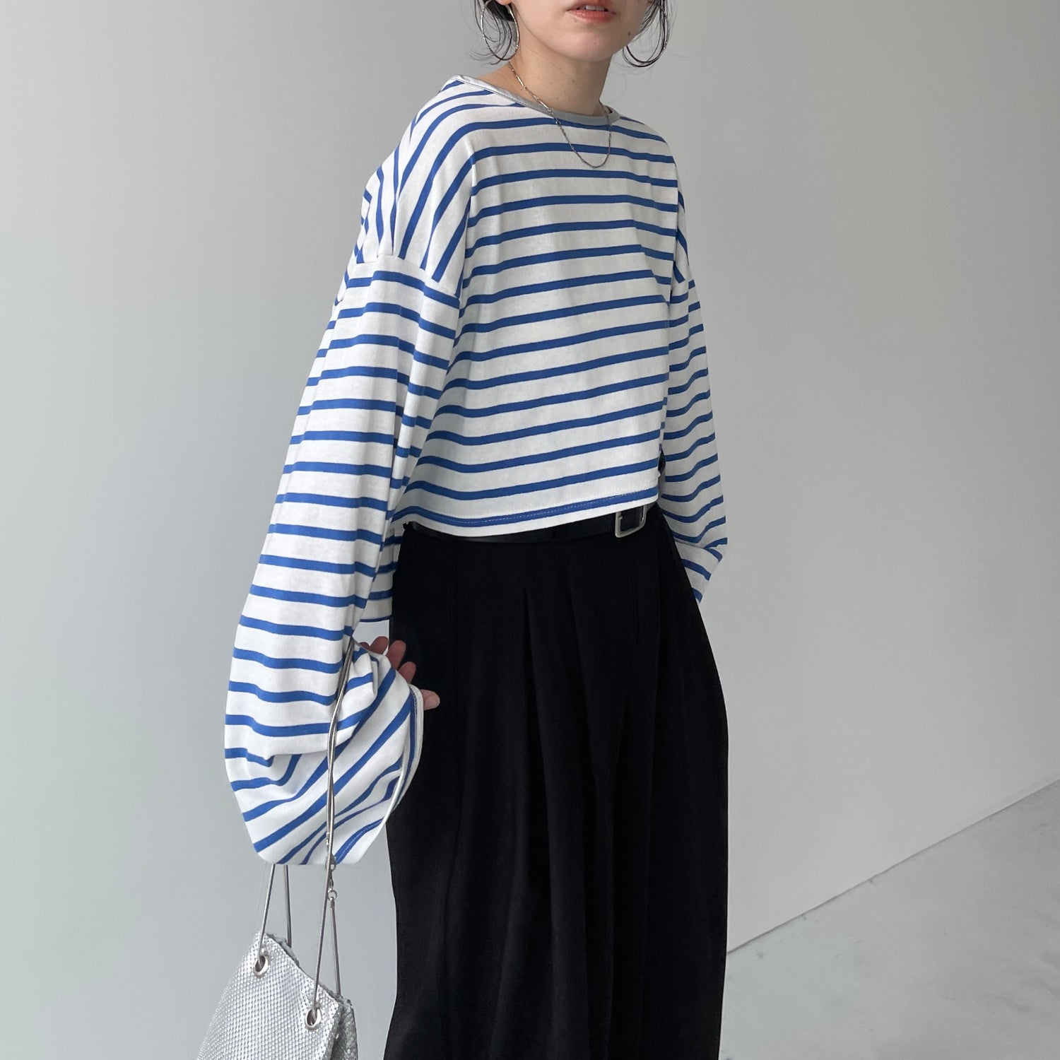 wide sleeve over size border tee / blue×silver (short)