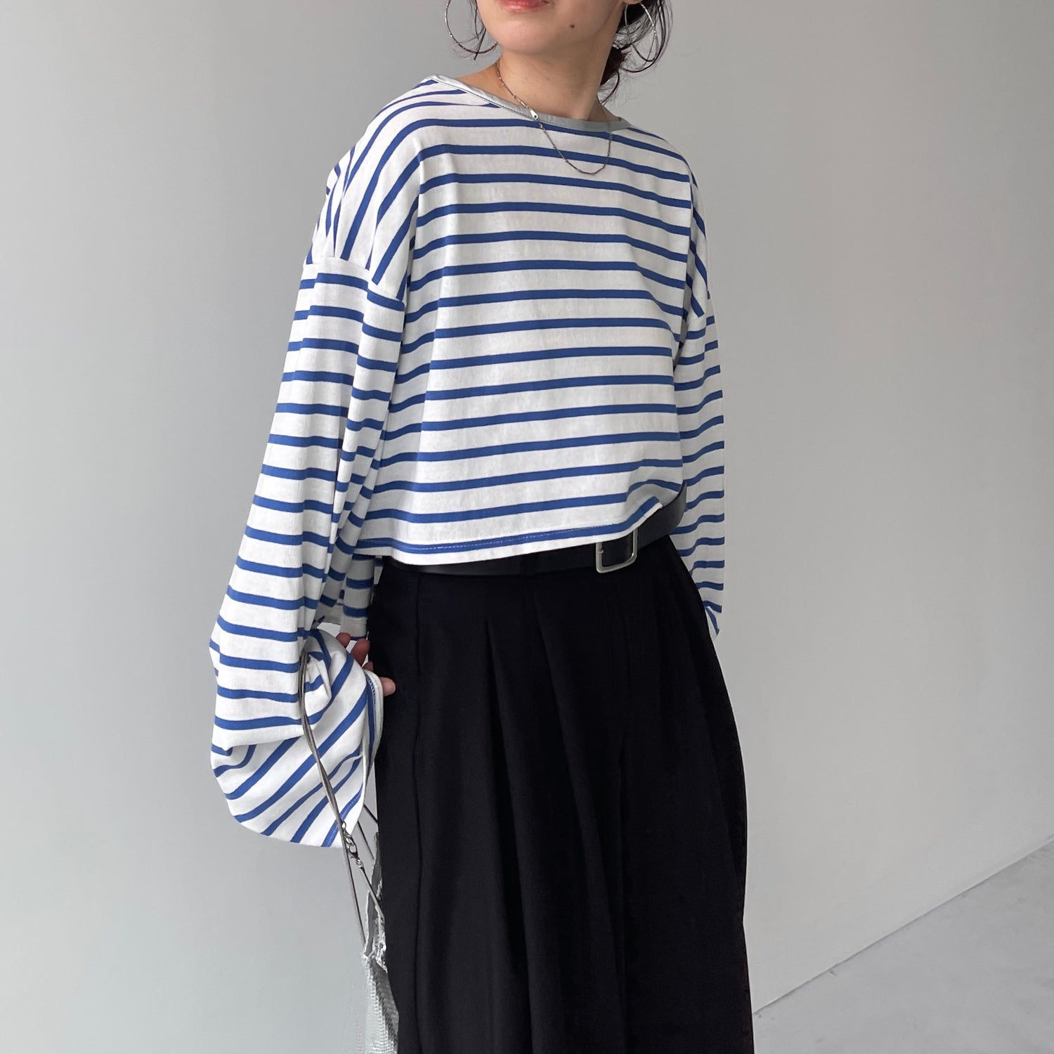 wide sleeve over size border tee / blue×silver (short)