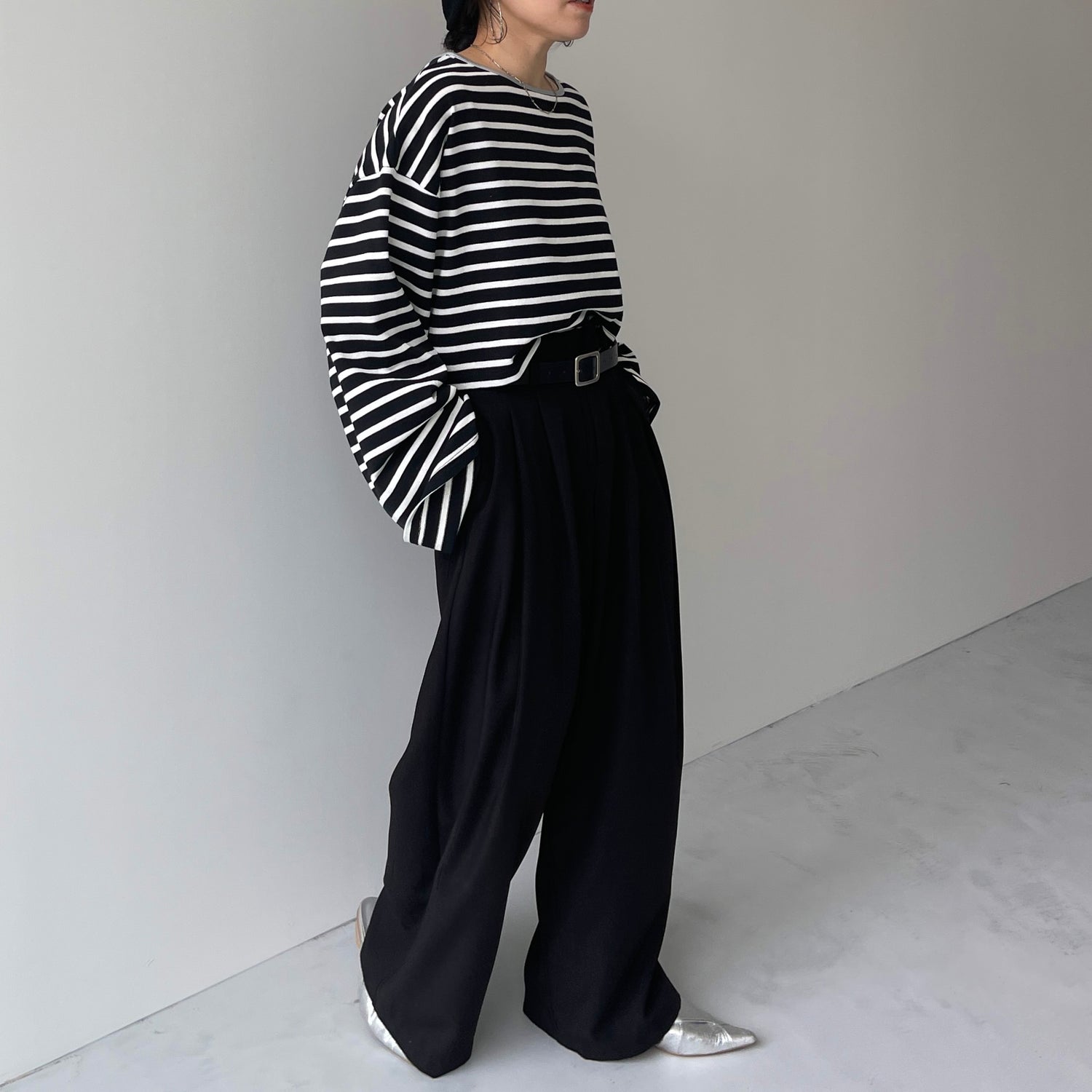 wide sleeve over size border tee / black×silver (short)