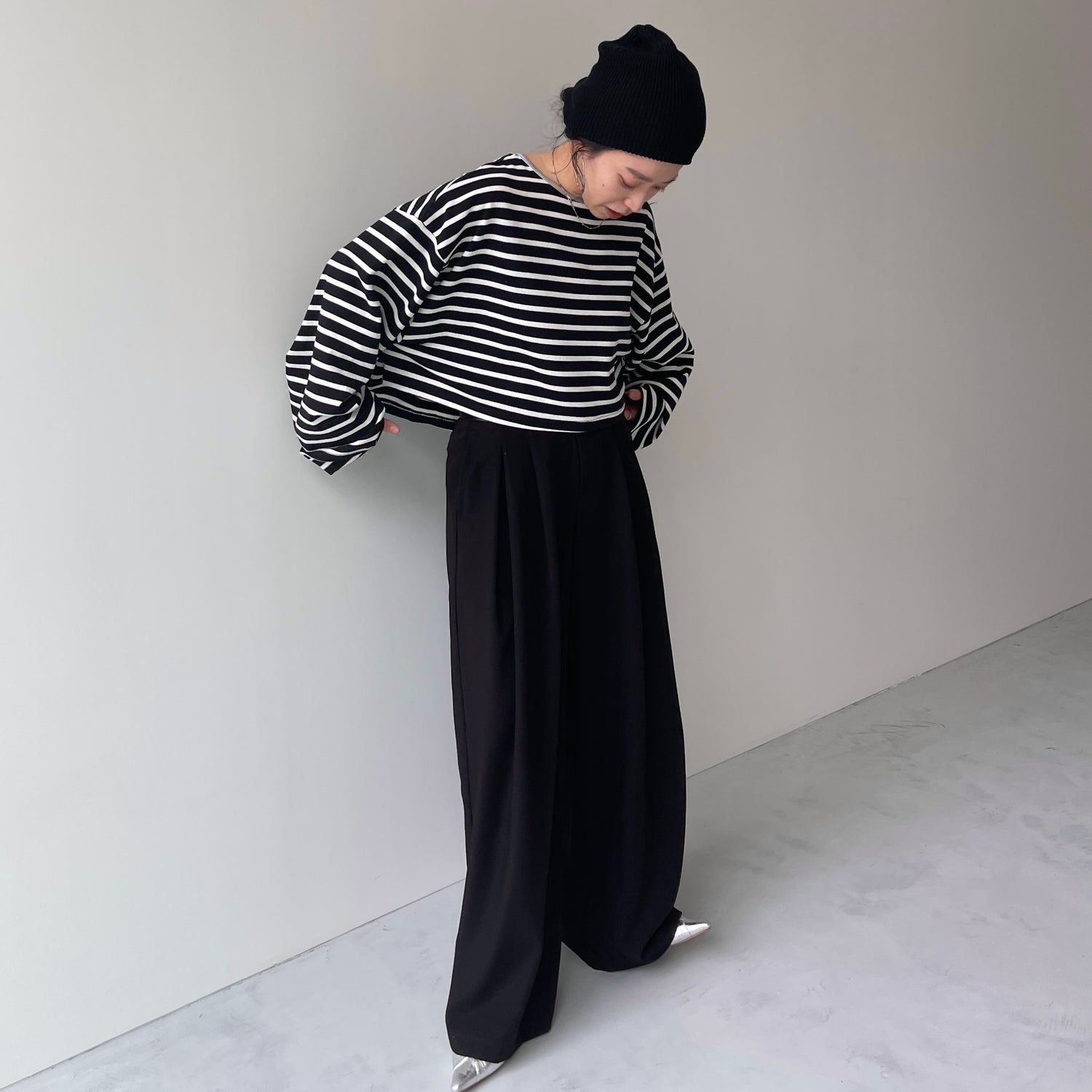 wide sleeve over size border tee / black×silver (short)