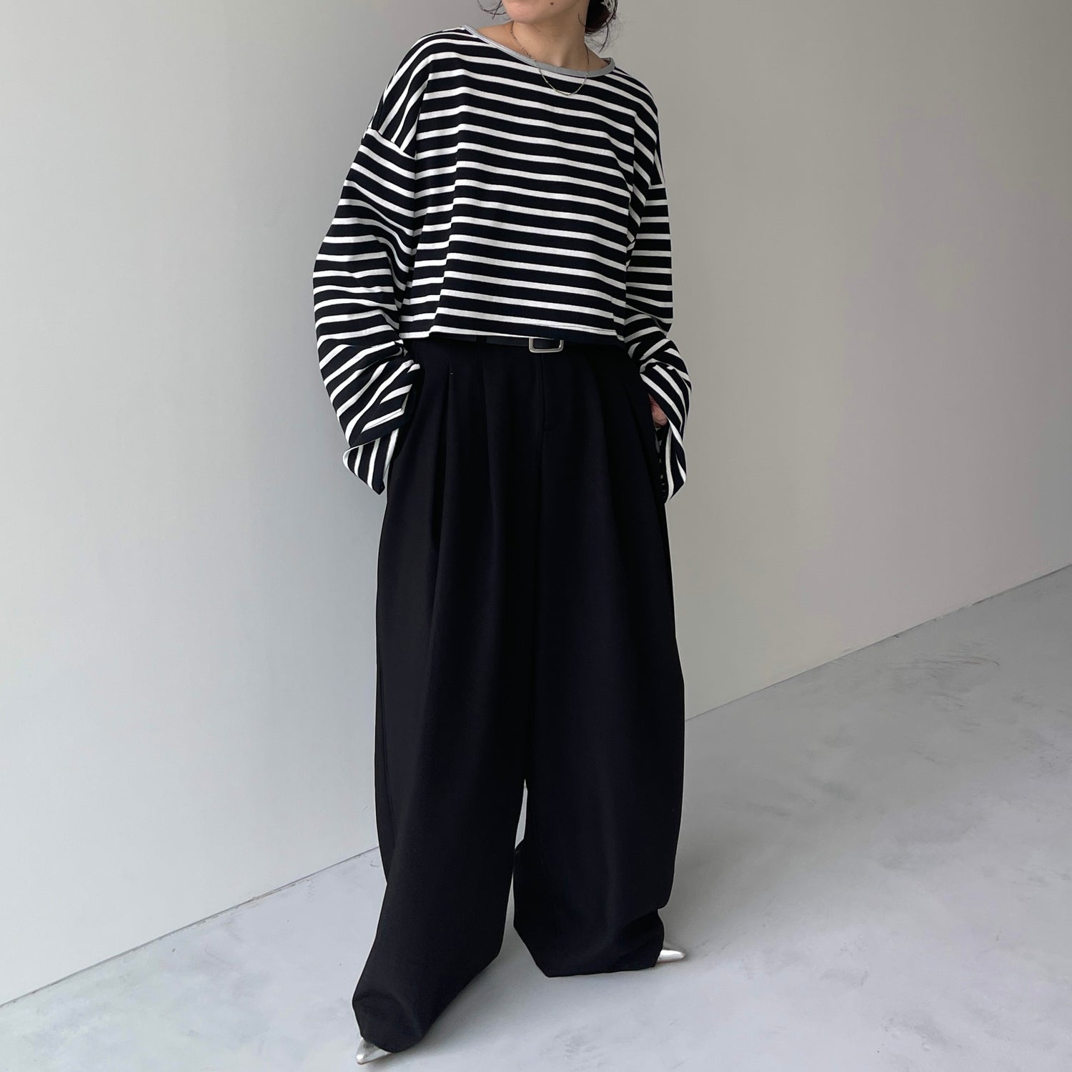 wide sleeve over size border tee / black×silver (short)