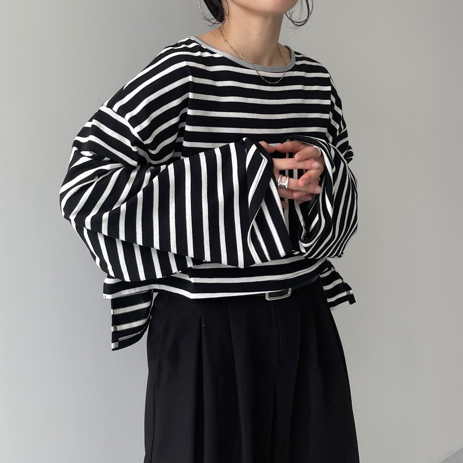 wide sleeve over size border tee / black×silver (short)