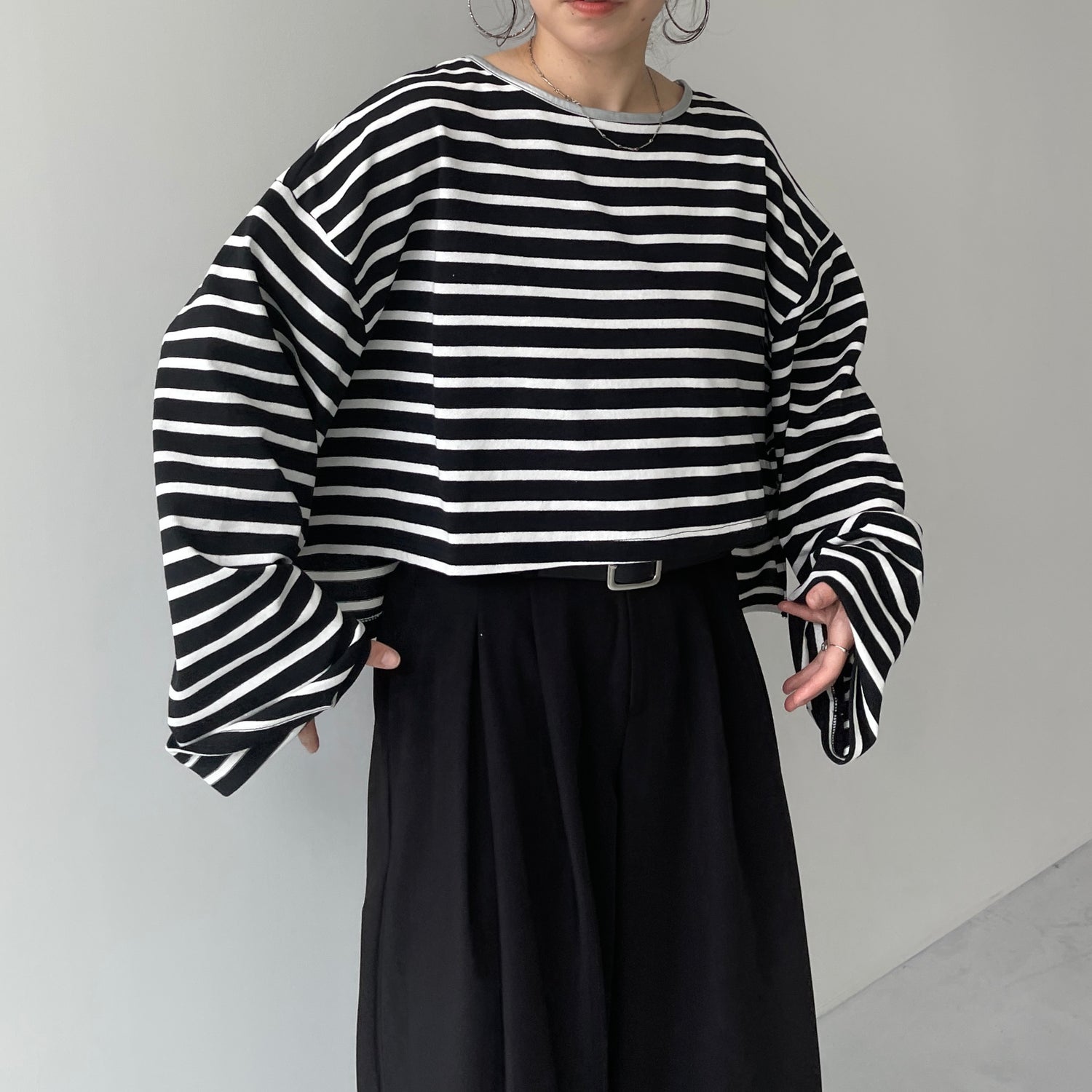 wide sleeve over size border tee / black×silver (short)