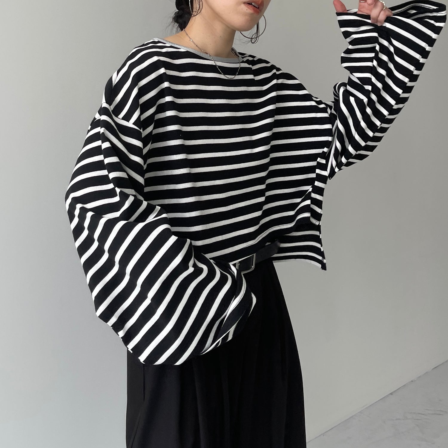 wide sleeve over size border tee / black×silver (short)