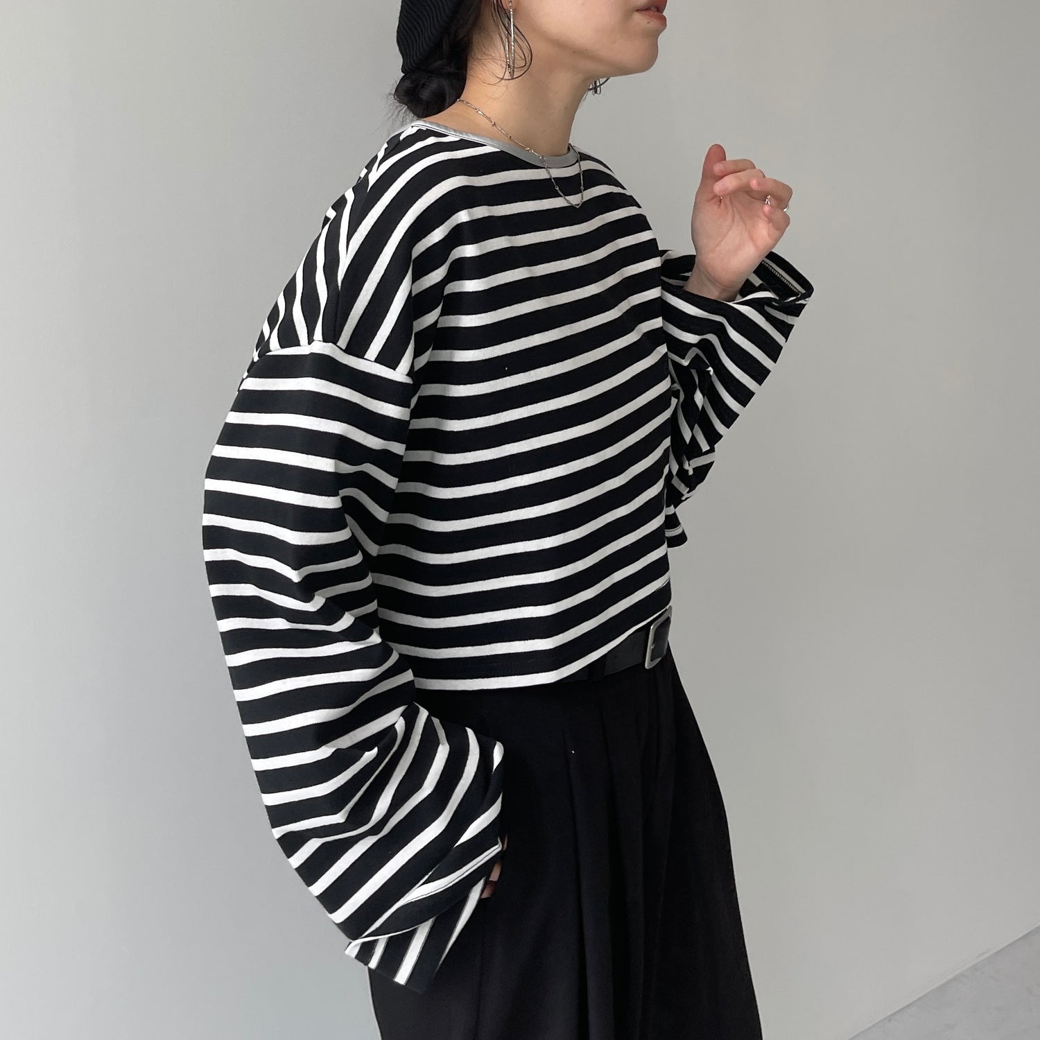 wide sleeve over size border tee / black×silver (short)