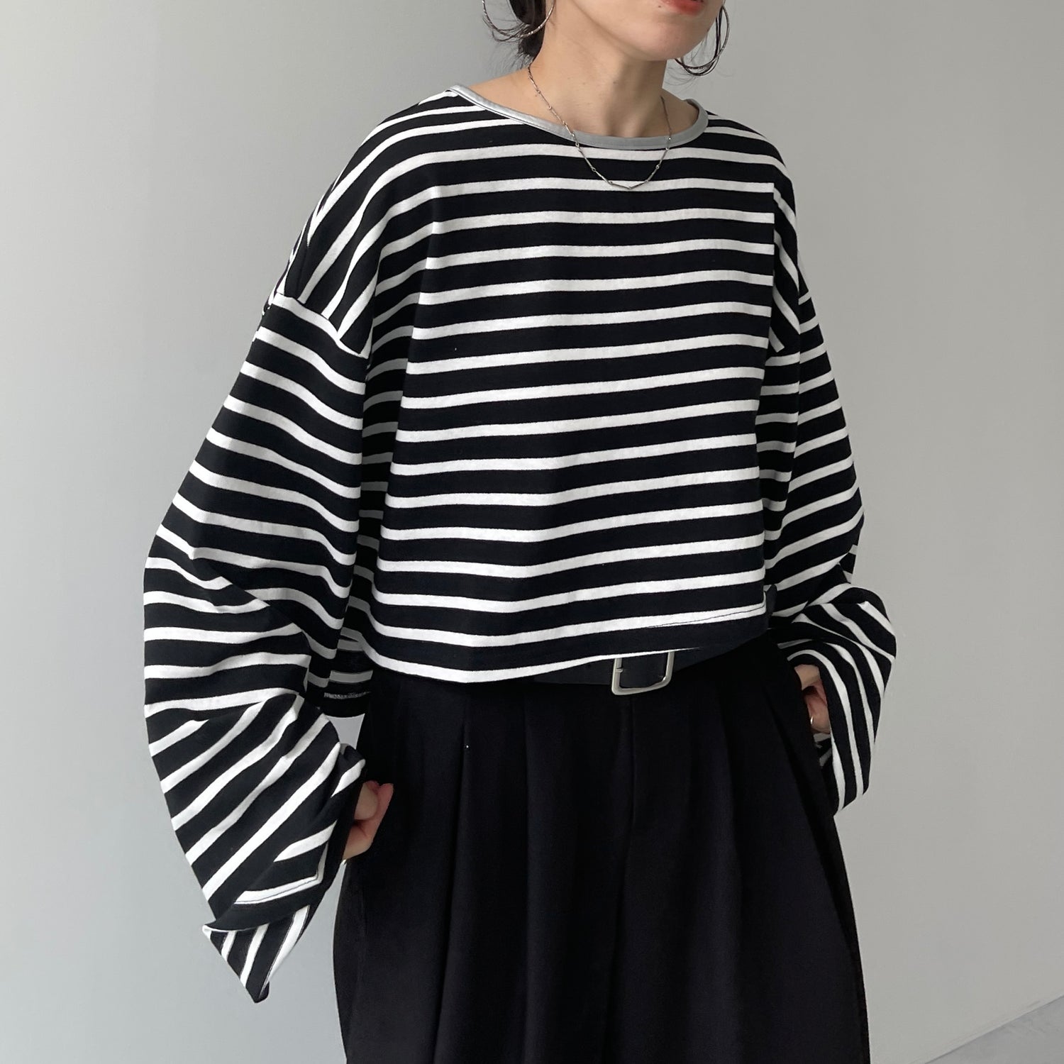 wide sleeve over size border tee / black×silver (short)