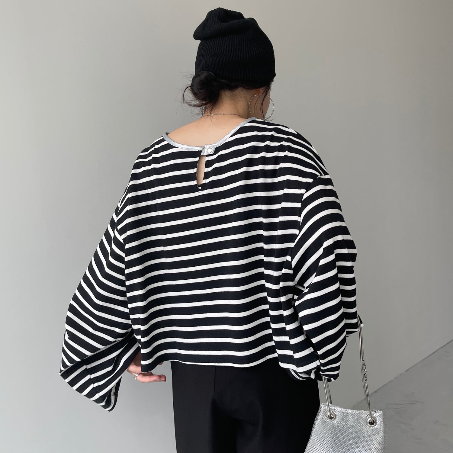 wide sleeve over size border tee / black×silver (short)