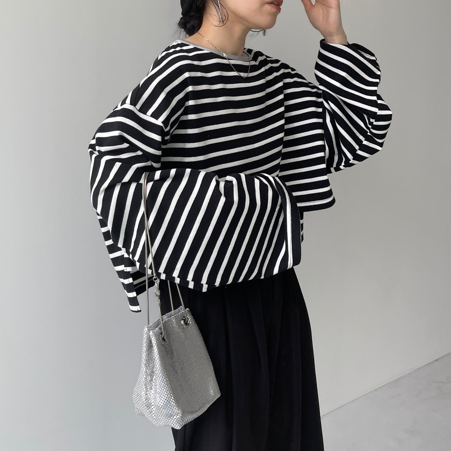 wide sleeve over size border tee / black×silver (short)