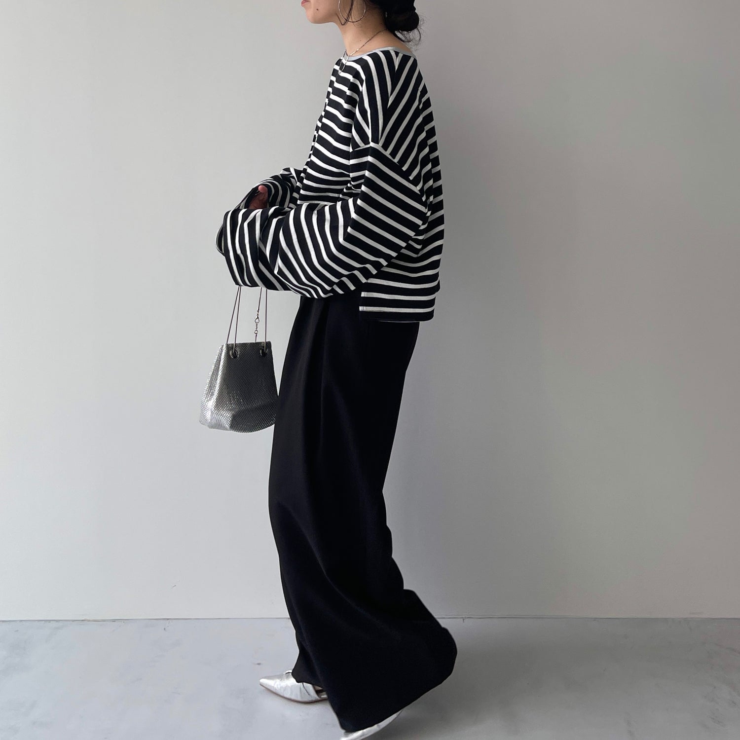 wide sleeve over size border tee / black×silver (short)