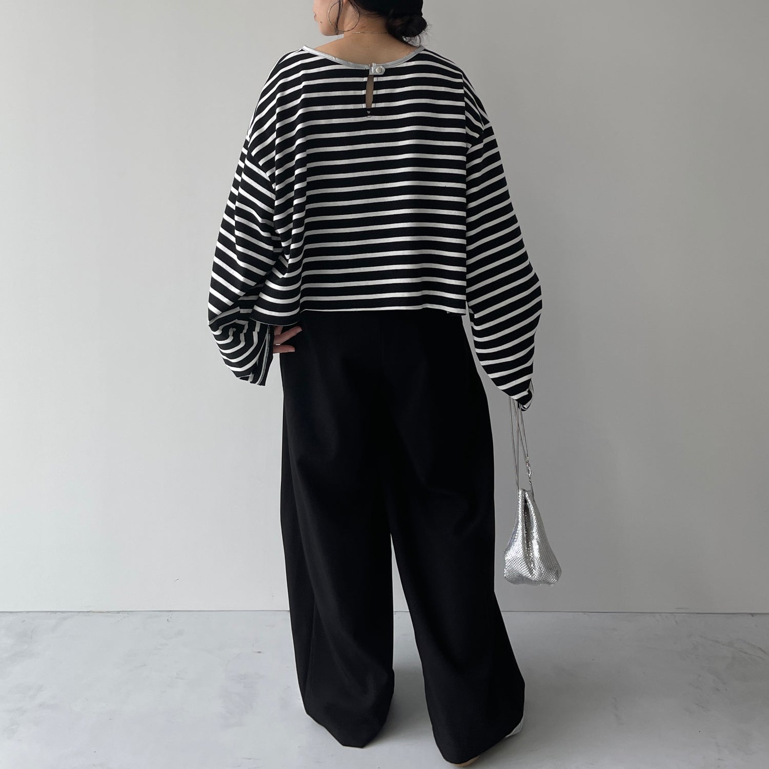 wide sleeve over size border tee / black×silver (short)