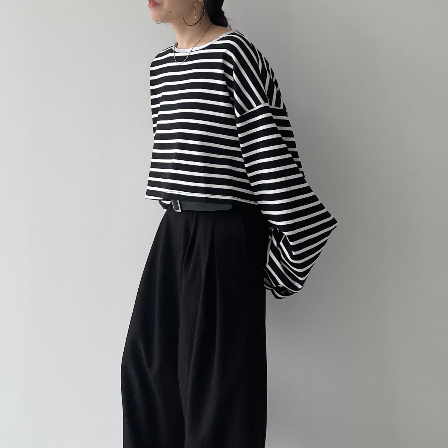 wide sleeve over size border tee / black×silver (short)