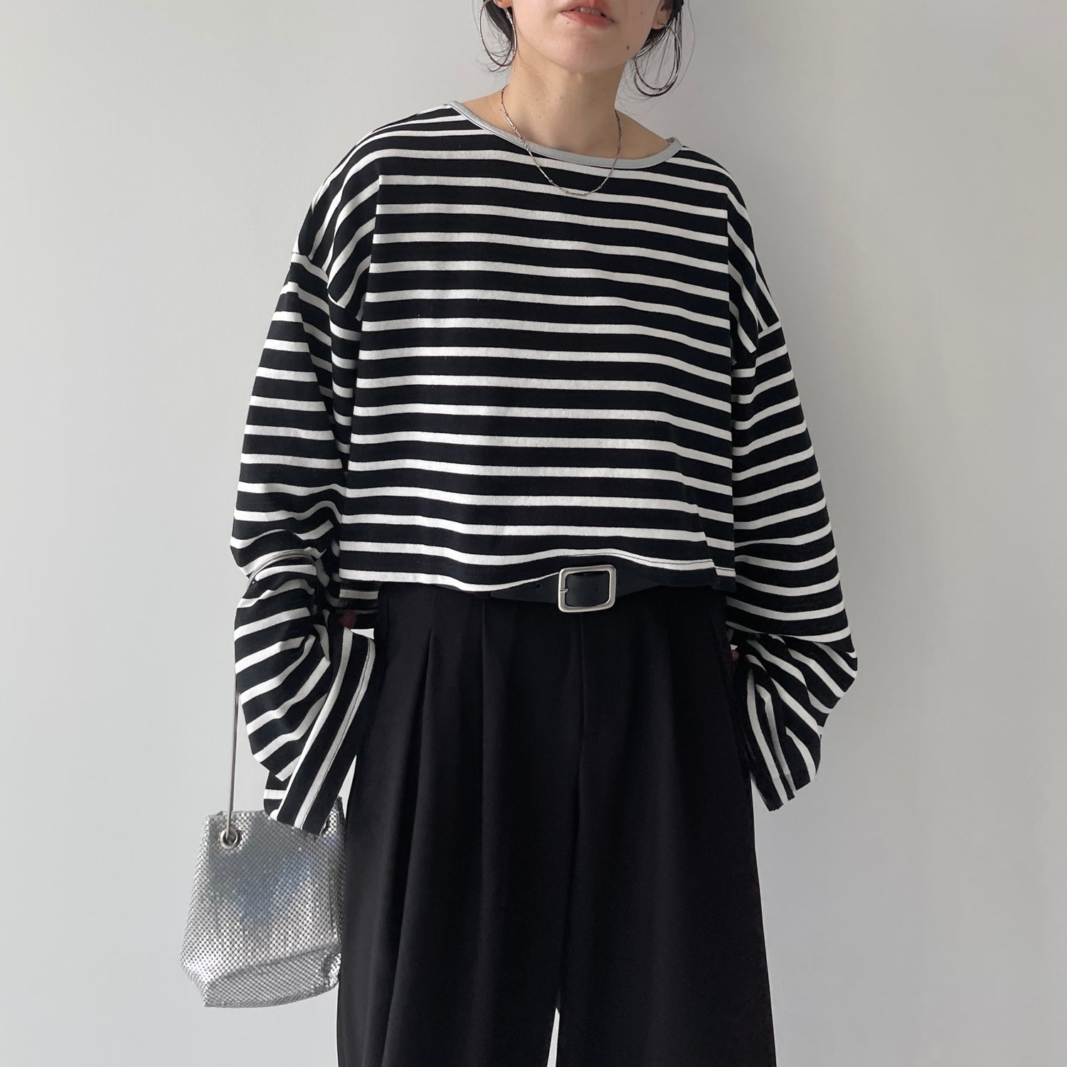 wide sleeve over size border tee / black×silver (short)